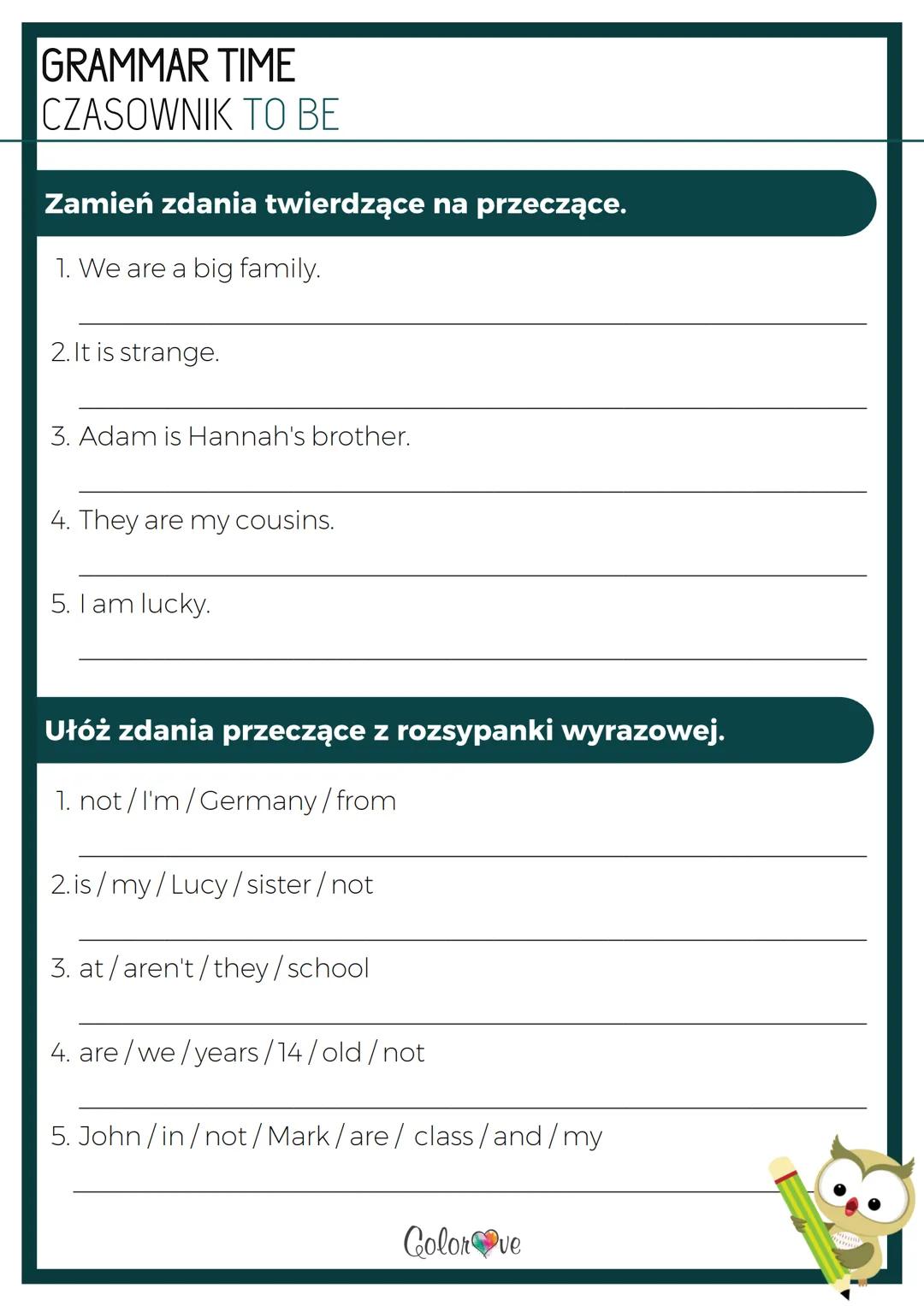 # GRAMMAR TIME
# CZASOWNIK TO BE
# ZDANIA TWIERDZĄCE
I am - ja jestem
you are ty jesteś
he is - on jest
she is - ona jest
it is - ono jest