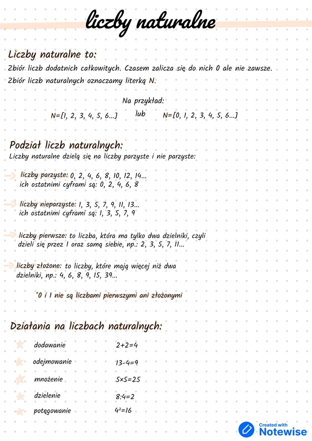 liczby naturalne
Liczby naturalne to:
•
•
•
•
•
Zbiór liczb dodatnich całkowitych. Czasem zalicza się do nich 0 ale nie zawsze.
• Zbiór licz