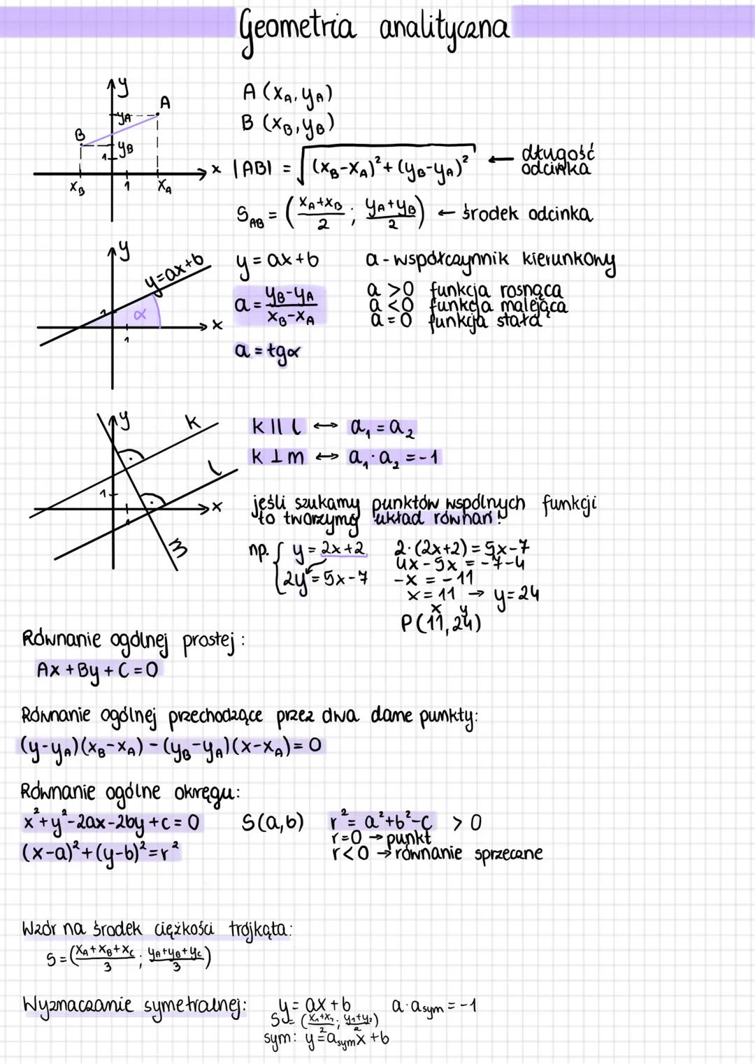 # Geometria analityczna
A (XA, YA)
B (XB,YB)
→x1ABI = √(XB-XA)² + (yo-ya)?"
19
A
B
XB
Xa
Y
y=ax+b
1.
My
K
m
>X
Równanie ogdinej prostej: