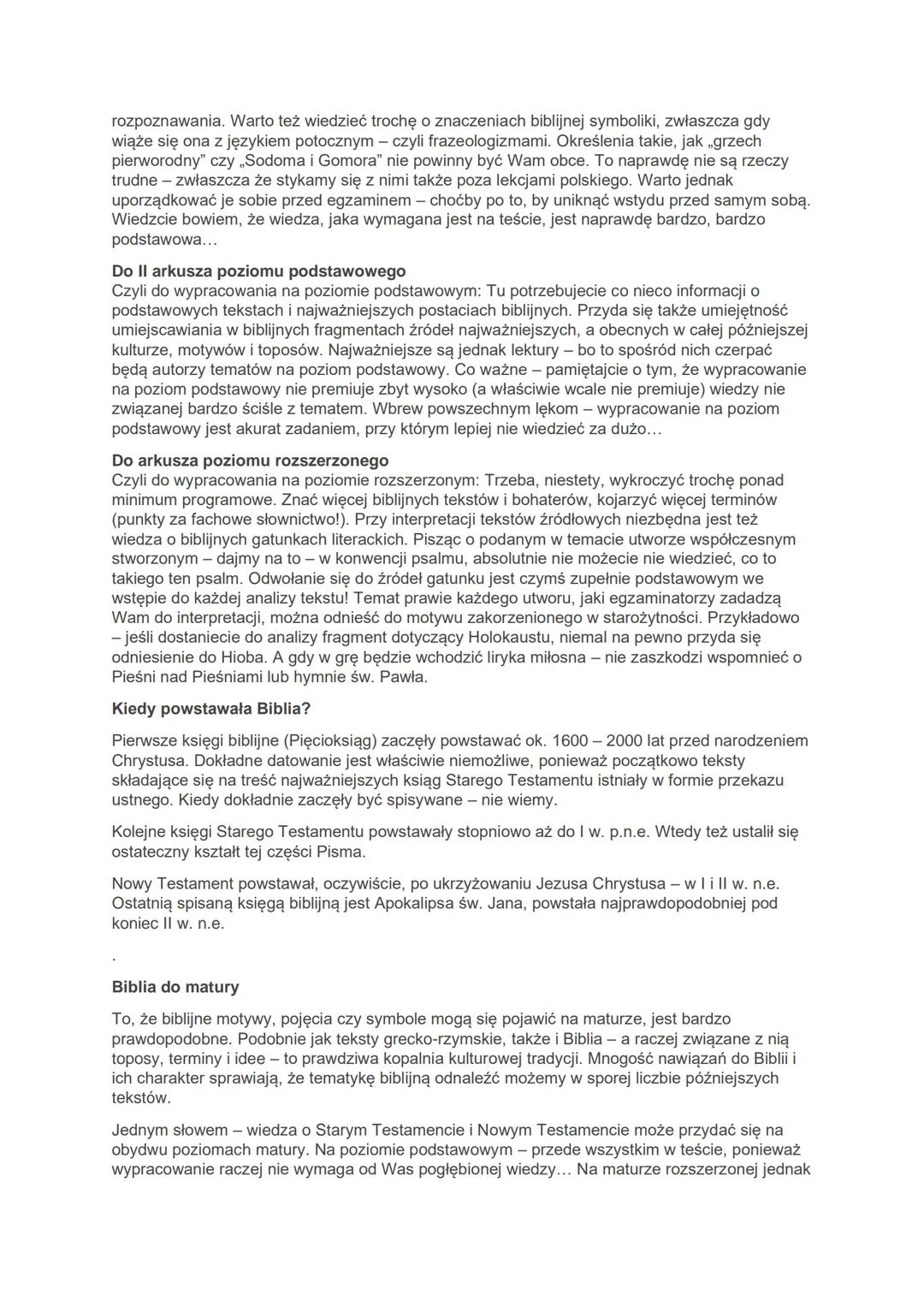 Maturalna wiedza o Biblii
Poziom podstawowy
Lektury obowiązkowe:
Księga Rodzaju - fragment o stworzeniu świata i powstaniu pierwszych ludzi