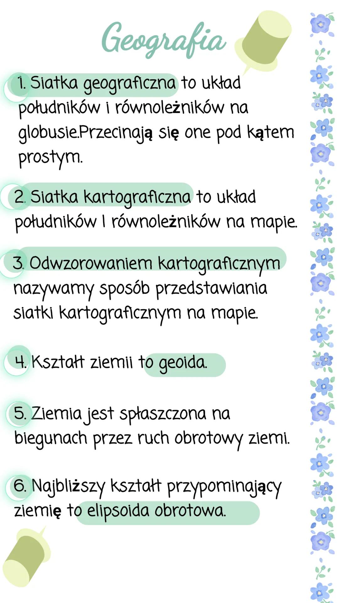 Geografia
1. Siatka geograficzna to układ
południków i równoleżników na
globusie.Przecinają się one pod kątem
prostym
2. Siatka kartograficz