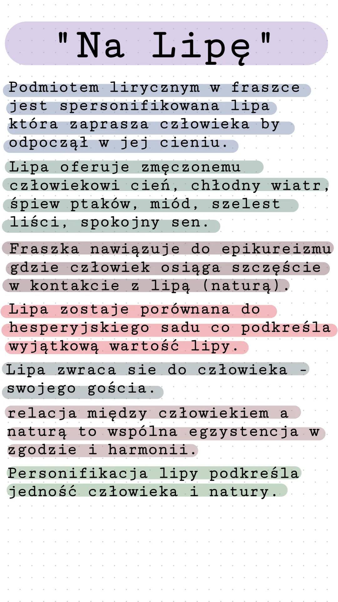 "Na Lipę"
Podmiotem lirycznym w fraszce
jest spersonifikowana lipa
która zaprasza człowieka by
odpoczął w jej cieniu.
Lipa oferuje zmęczonem