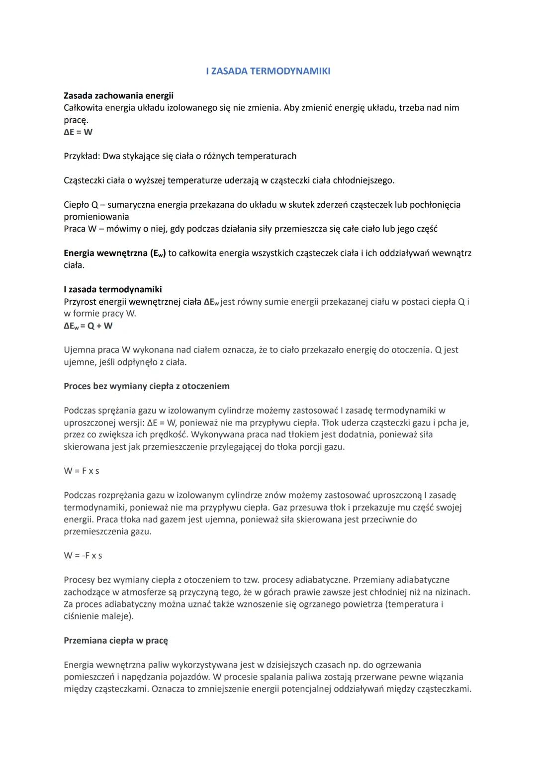 I ZASADA TERMODYNAMIKI
Zasada zachowania energii
Całkowita energia układu izolowanego się nie zmienia. Aby zmienić energię układu, trzeba n