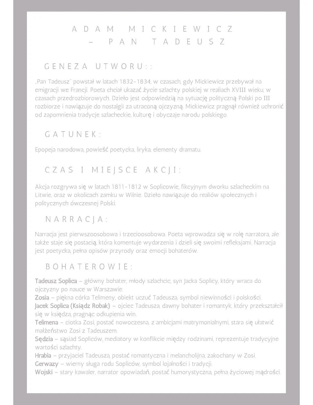 Pan Tadeusz - Notatka szczegółowa oraz streszczenie - Egzamin ósmoklasisty