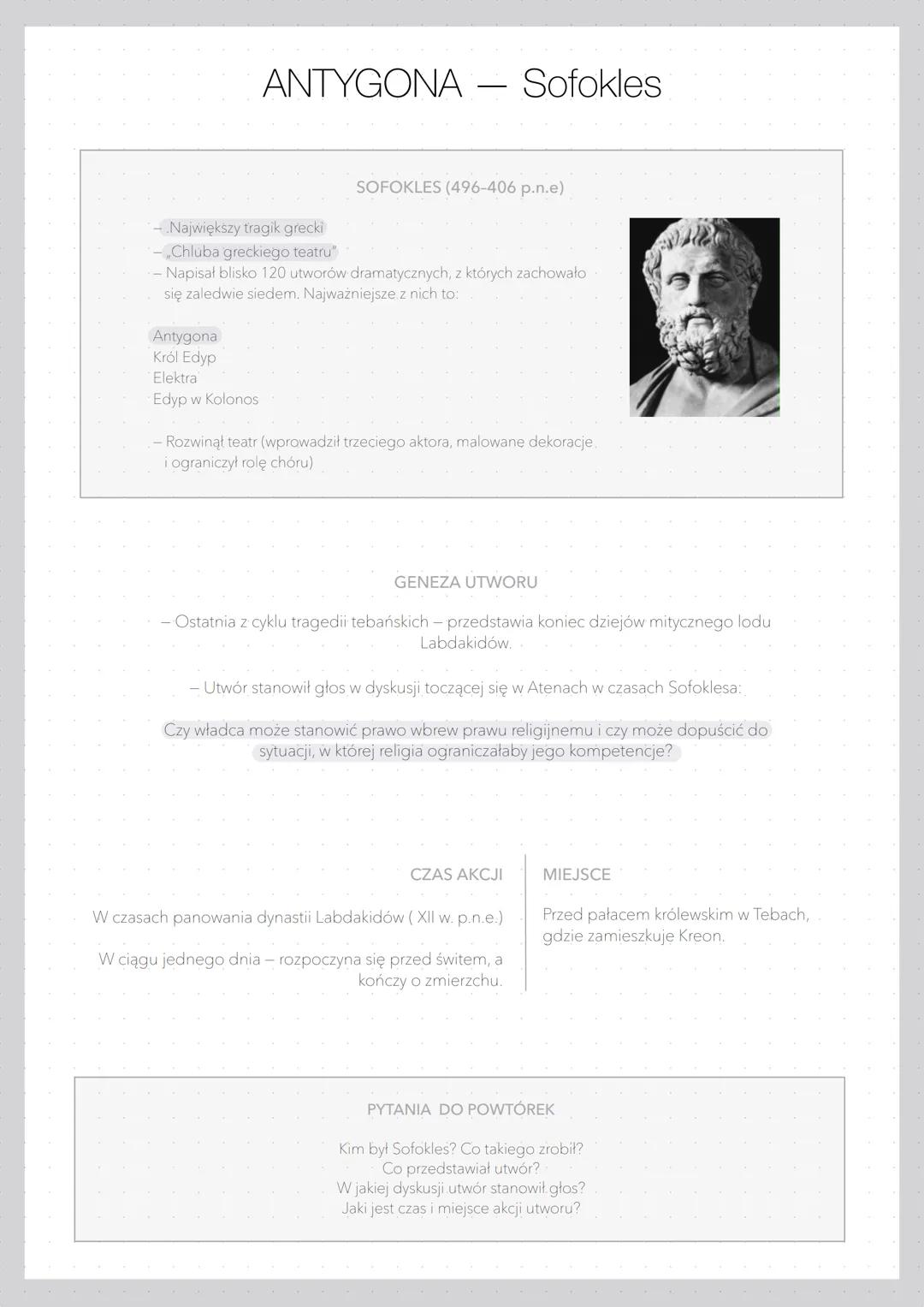 # ANTYGONA - Sofokles
SOFOKLES (496-406 p.n.e)
- Największy tragik grecki
- Chluba greckiego teatru"
- Napisał blisko 120 utworów dramatyc