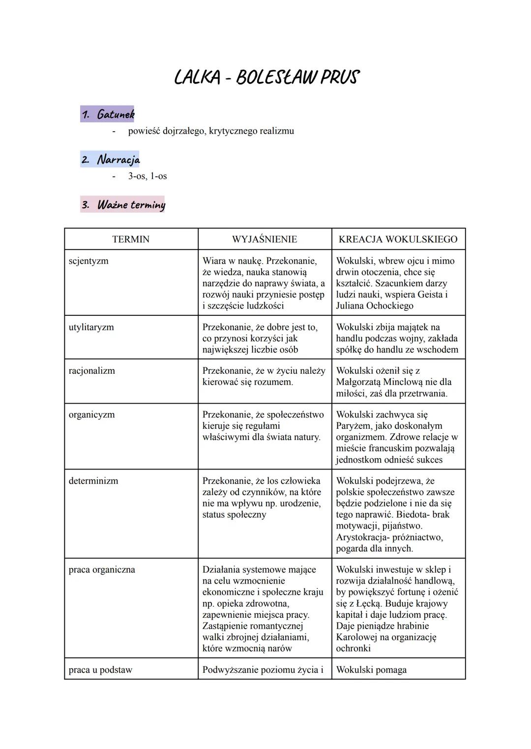 LALKA - BOLESŁAW PRUS
1. Gatunek
powieść dojrzałego, krytycznego realizmu
2. Narracja
3-os, 1-os
3. Ważne terminy
scjentyzm
TERMIN
utylitary