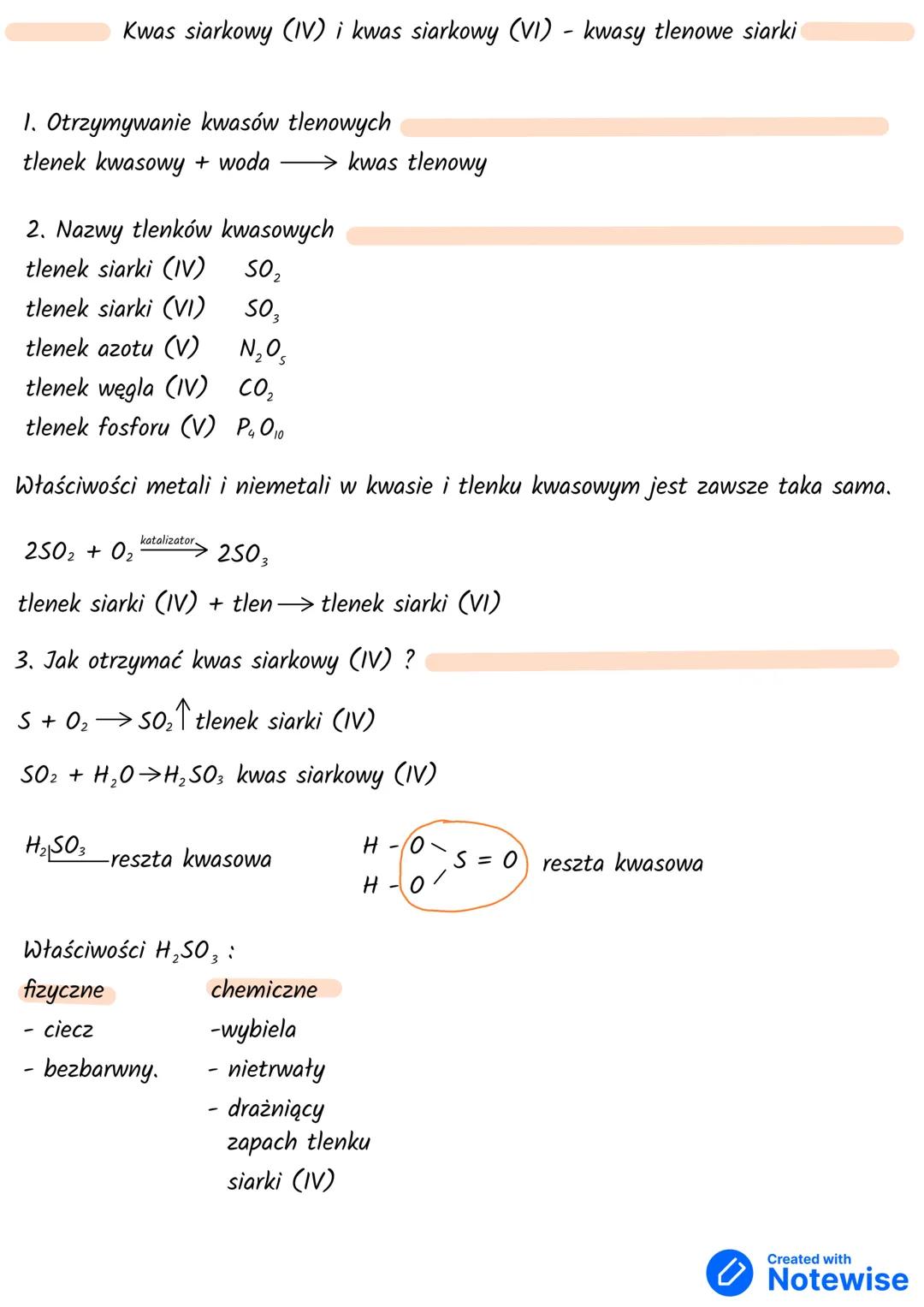 Kwas siarkowy (IV) i kwas siarkowy (VI) - kwasy tlenowe siarki
1. Otrzymywanie kwasów tlenowych
tlenek kwasowy + woda → kwas tlenowy
2. Nazw