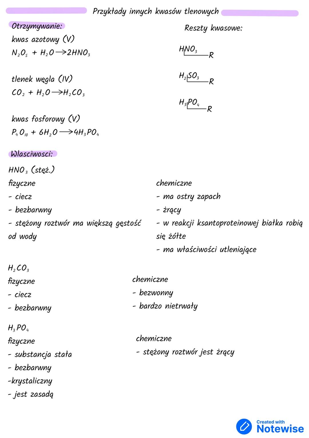 Przykłady innych kwasów tlenowych
Otrzymywanie:
Reszty kwasowe:
kwas azotowy (V)
HNO 3
N₂Os
H₂O2HNO3
-R
H₂SO
tlenek węgla (IV)
-R
CO₂+H₂OH₂C