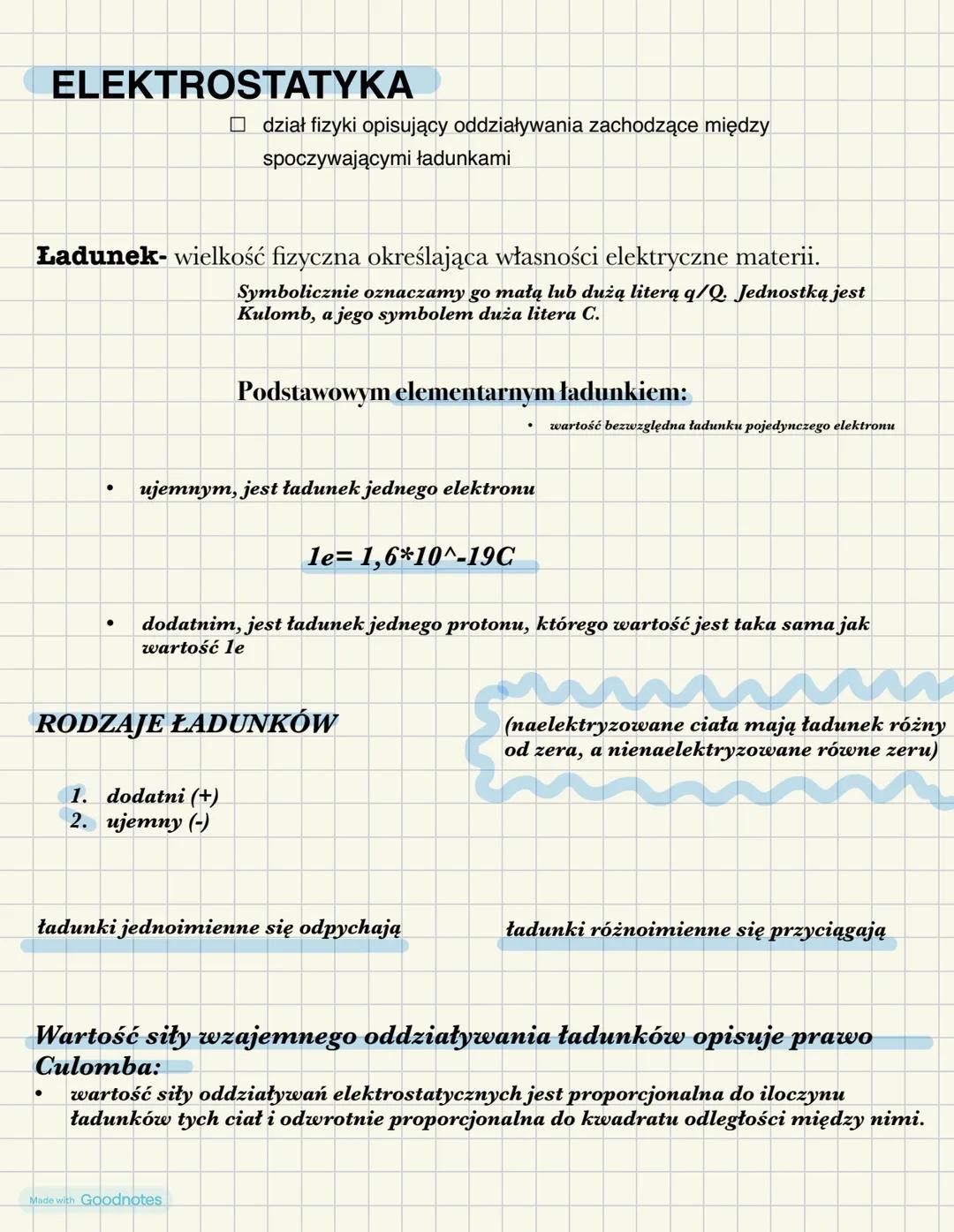 ELEKTROSTATYKA
☐ dział fizyki opisujący oddziaływania zachodzące między
spoczywającymi ładunkami
Ładunek-wielkość fizyczna określająca własn