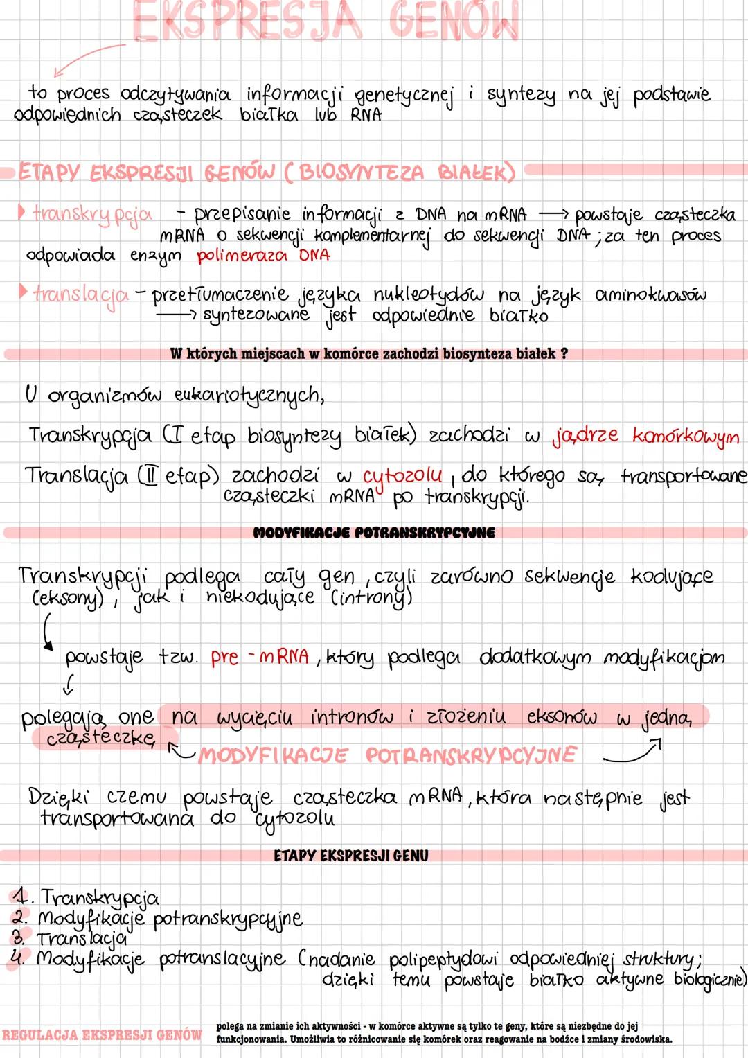 EKSPRESJA GENOW
to proces odczytywania informacji genetycznej i syntezy na jej podstawie
odpowiednich czasteczek białka lub RNA
ETAPY EKSPRE