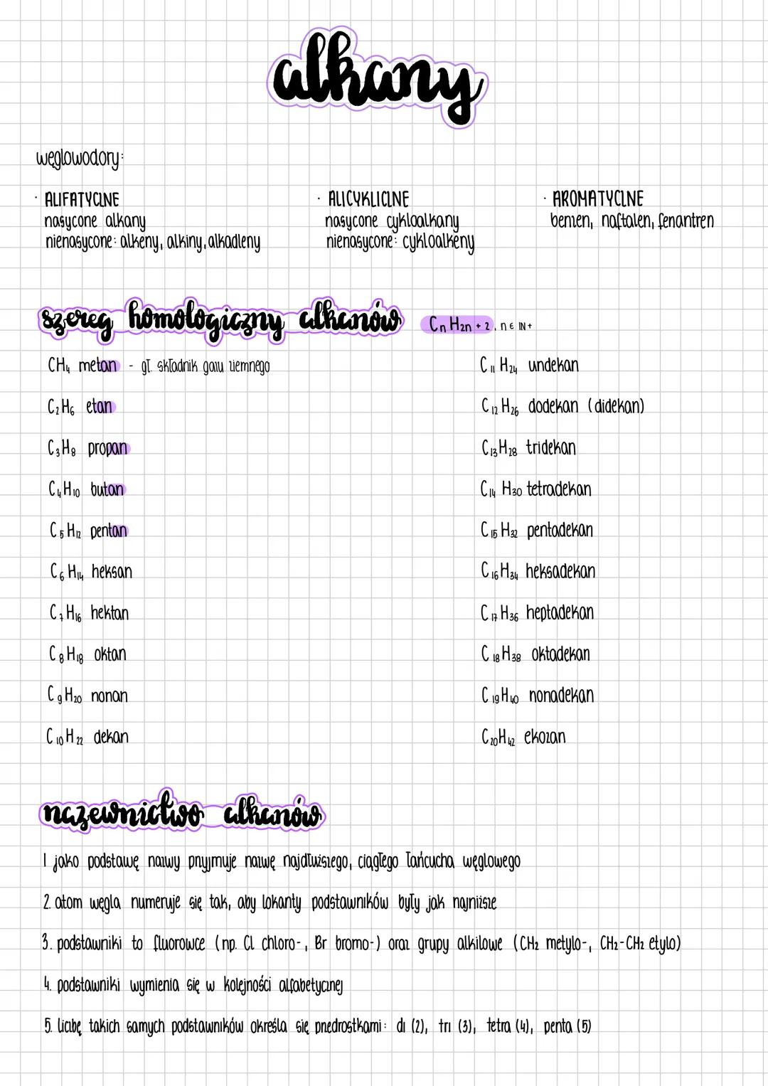 # alkany
weglowodory:
- ALIFATYCINE
nasycone alkany
nienasycone: alkeny, alkiny, alkadleny
- ALICYKLICINE
nasycone cykloalkany
nienasycon