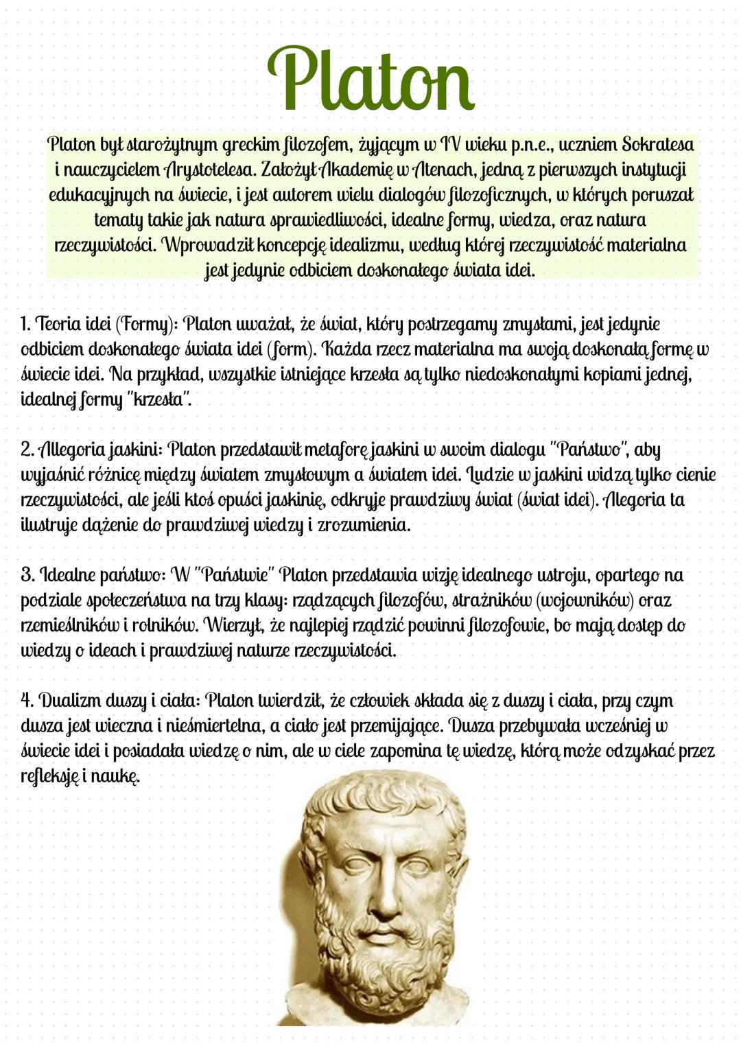 # Platon
Platon był starożytnym greckim filozofem, żyjącym w IV wieku p.n.e., uczniem Sokratesa
i nauczycielem Arystotelesa. Założył Akadem