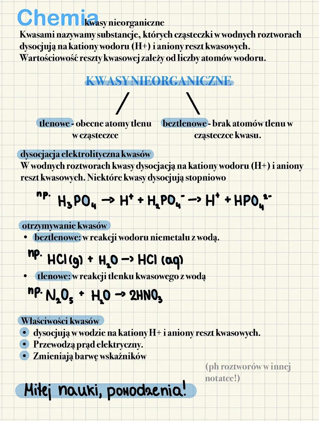 Chemiasy nicorganiczne
Kwasami nazywamy substancje, których cząsteczki w wodnych roztworach
dysocjują na kationy wodoru (H+) i aniony reszt