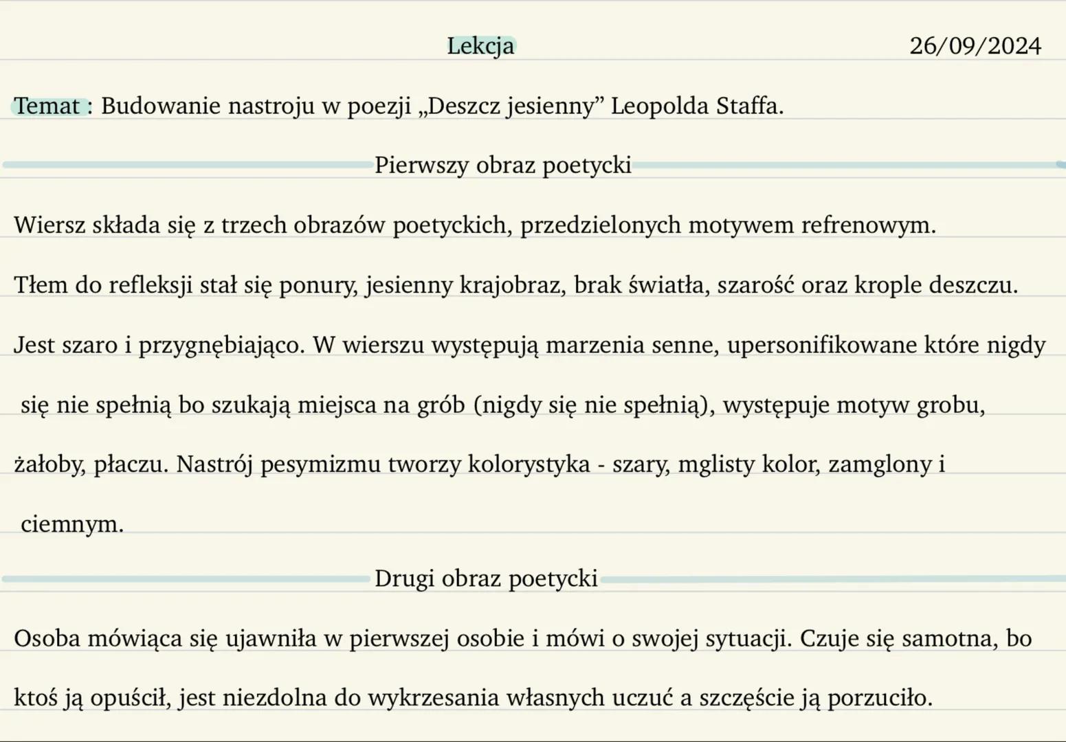Lekcja
Temat: Budowanie nastroju w poezji „Deszcz jesienny" Leopolda Staffa.
Pierwszy obraz poetycki
26/09/2024
Wiersz składa się z trzech o