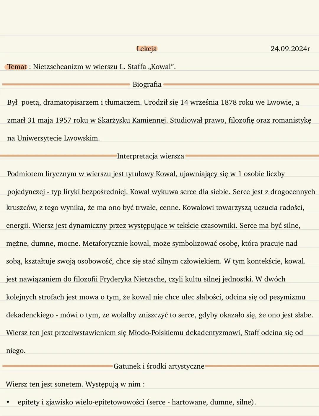 Lekcja
Temat Nietzscheanizm w wierszu L. Staffa „Kowal".
Biografia
24.09.2024r
Był poetą, dramatopisarzem i tłumaczem. Urodził się 14 wrześn