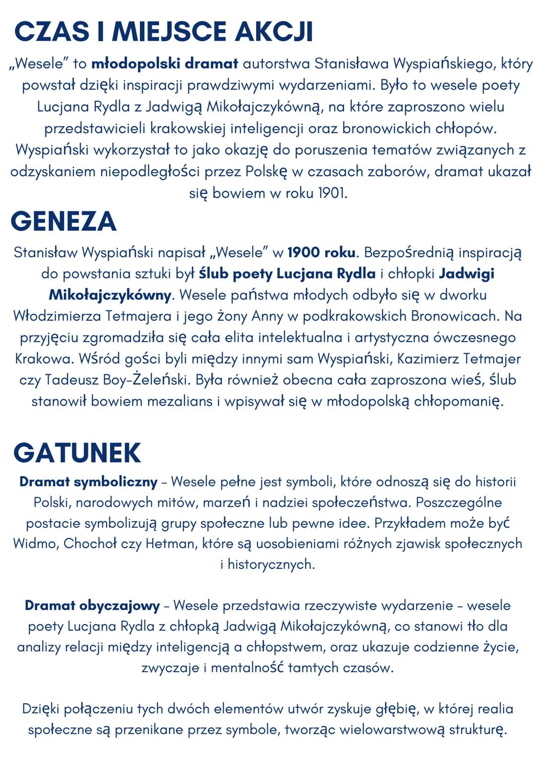 WESELE
STANISŁAW
WYSPIAŃSKI CZAS I MIEJSCE AKCJI
,,Wesele" to młodopolski dramat autorstwa Stanisława Wyspiańskiego, który
powstał dzięki in