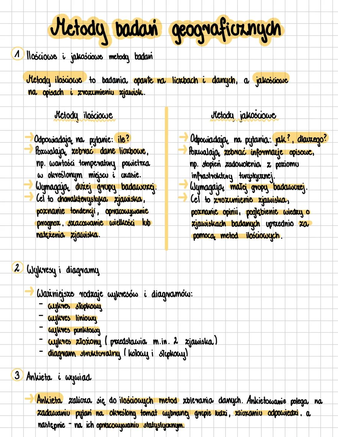 # Metody badan geografioznych
1 Ilościowe i jakościowe metody badań
Metody ilasciowe to badania, oparte na liczbach i danych, a jakościowe