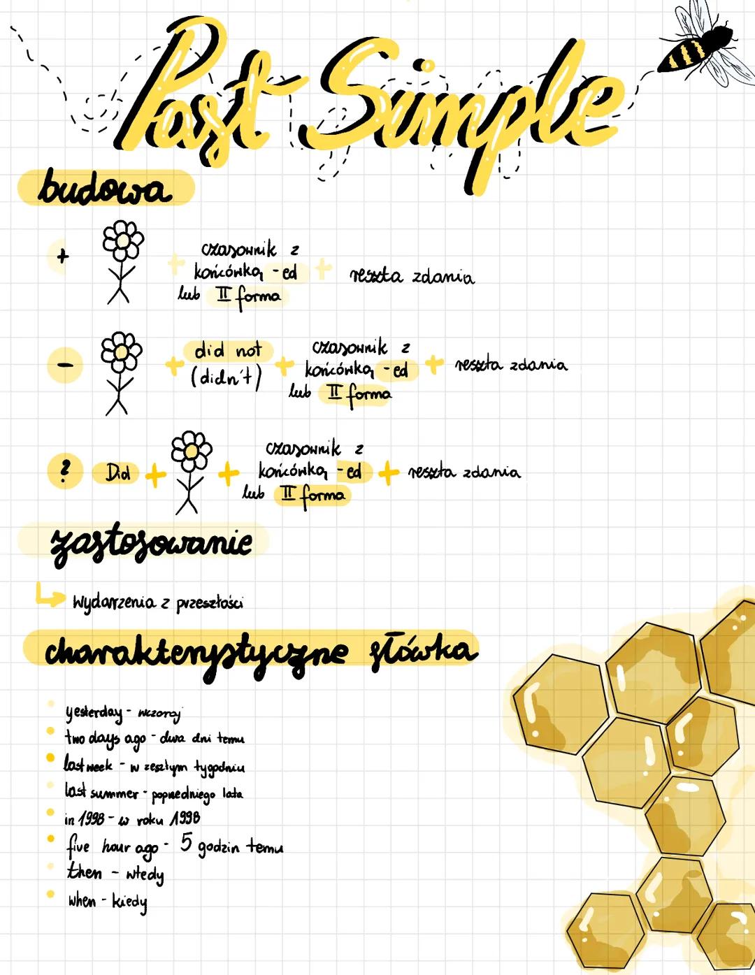 # Past Simple
## budowa
+
Dd +
czasownik z
końcówką -ed
lub II forma
did not
(didn't)
## zastosowanie
Wydarzenia z przeszłaści
res