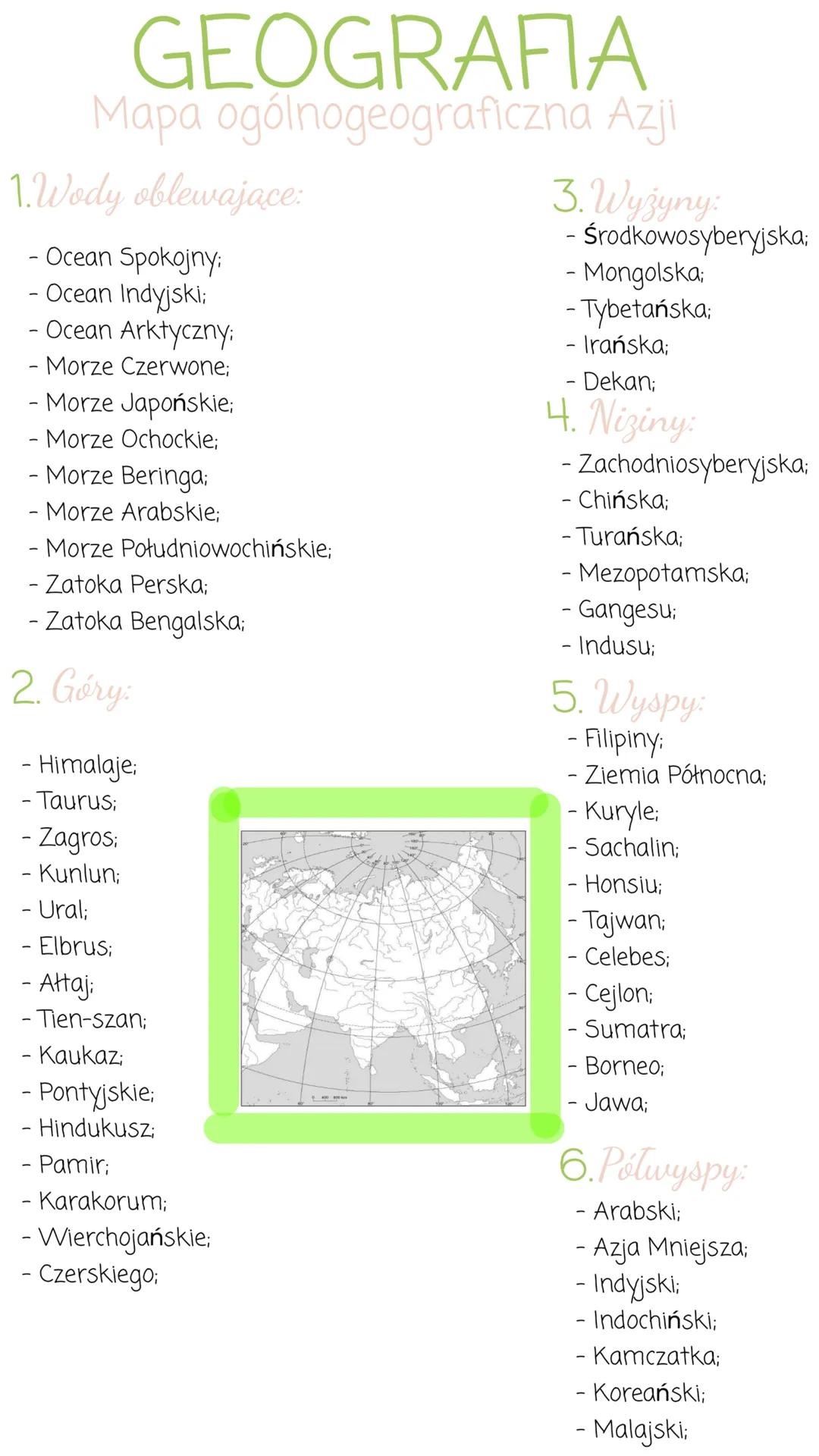 GEOGRAFIA
Mapa ogólnogeograficzna Azji
1. Wody oblewające:
- Ocean Spokojny:
- Ocean Indyjski;
- Ocean Arktyczny:
- Morze Czerwone;
- Morze