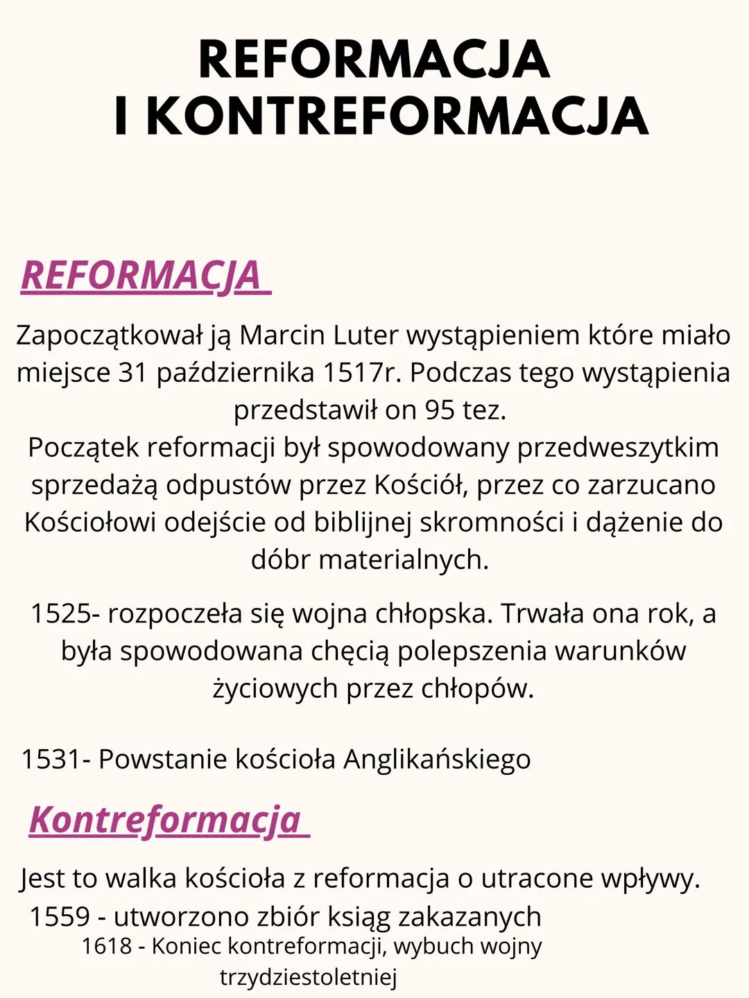 # REFORMACJA
# I KONTREFORMACJA
## REFORMACJA
Zapoczątkował ją Marcin Luter wystąpieniem które miało
miejsce 31 października 1517r. Podczas