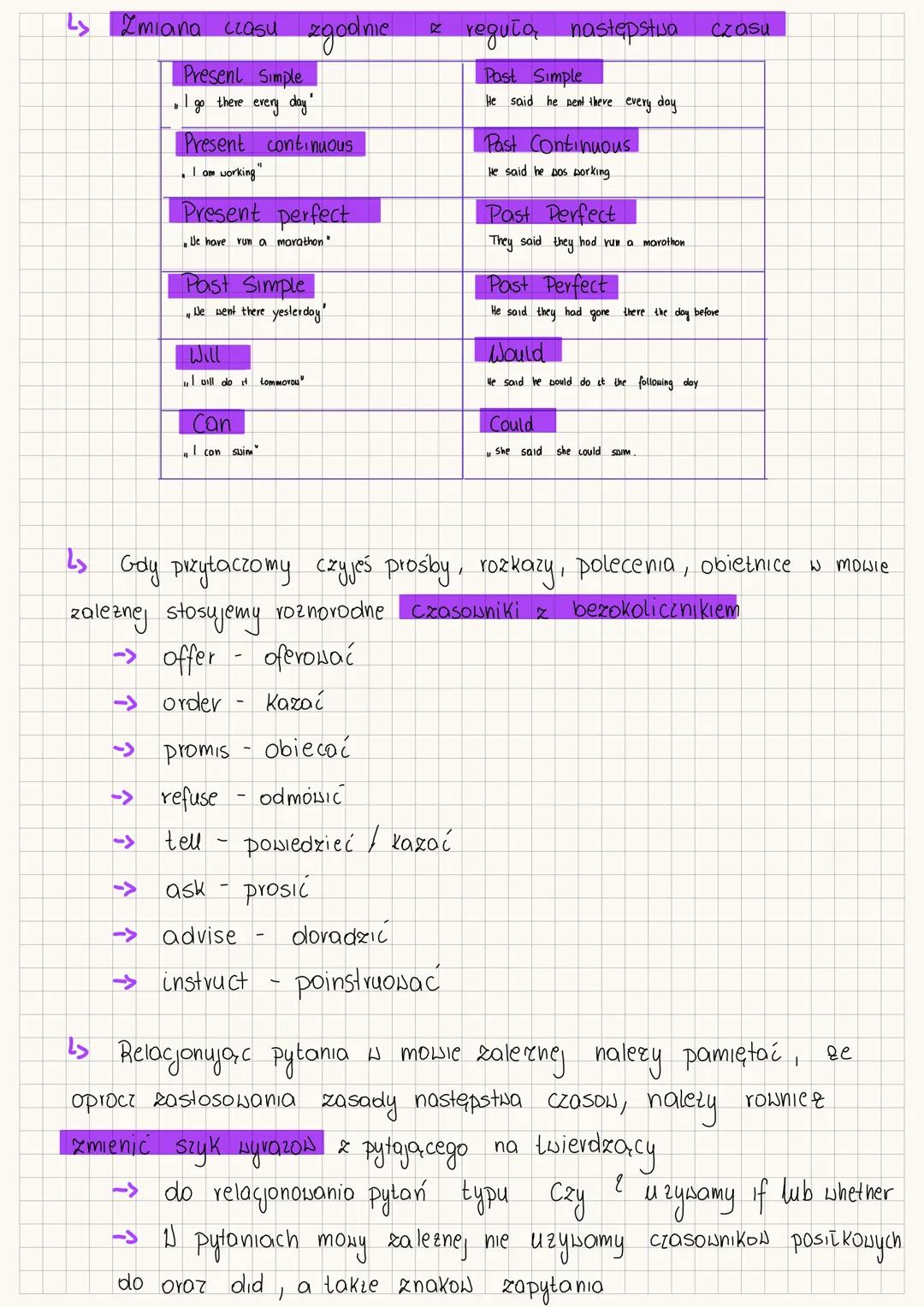# reported
statements
MOWA ZALEZNA
L↳ Mowy zaile zne, uzywamy, aby relacjonować wypowiedzi innych osob
lub swoje własne, nie przytaczając