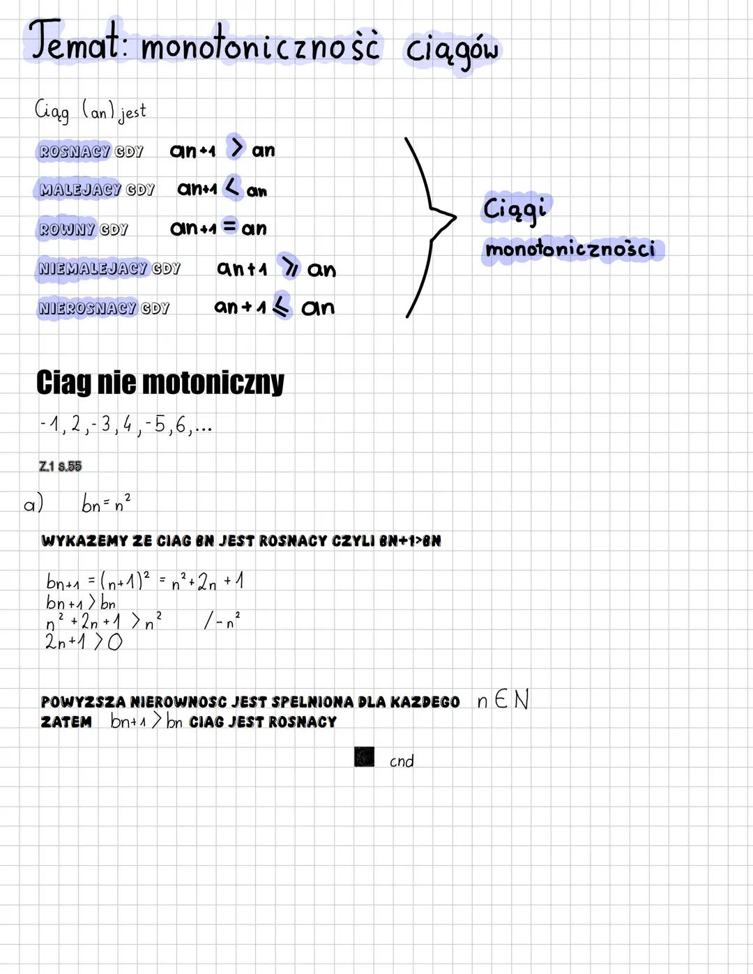 Temat: monotoniczność ciągów
Ciąg (an) jest
an+1 > an
ROSNACY GDY
MALEJACY GDY
an+1 an
ROWNY GDY
an+1=an
NIEMALEJACY GDY an+1 an
NIEROSNACY