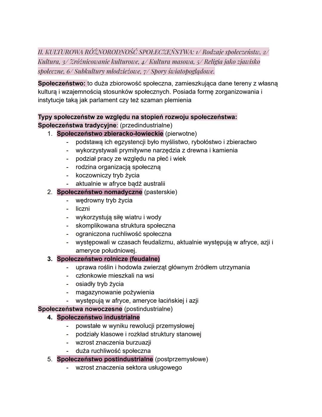 II. KULTUROWA RÓŻNORODNOŚĆ SPOŁECZEŃSTWA: 1/ Rodzaje społeczeństw,
Kultura, 3/Zróżnicowanie kulturowe, 4/ Kultura masowa, 5/ Religia jako zj