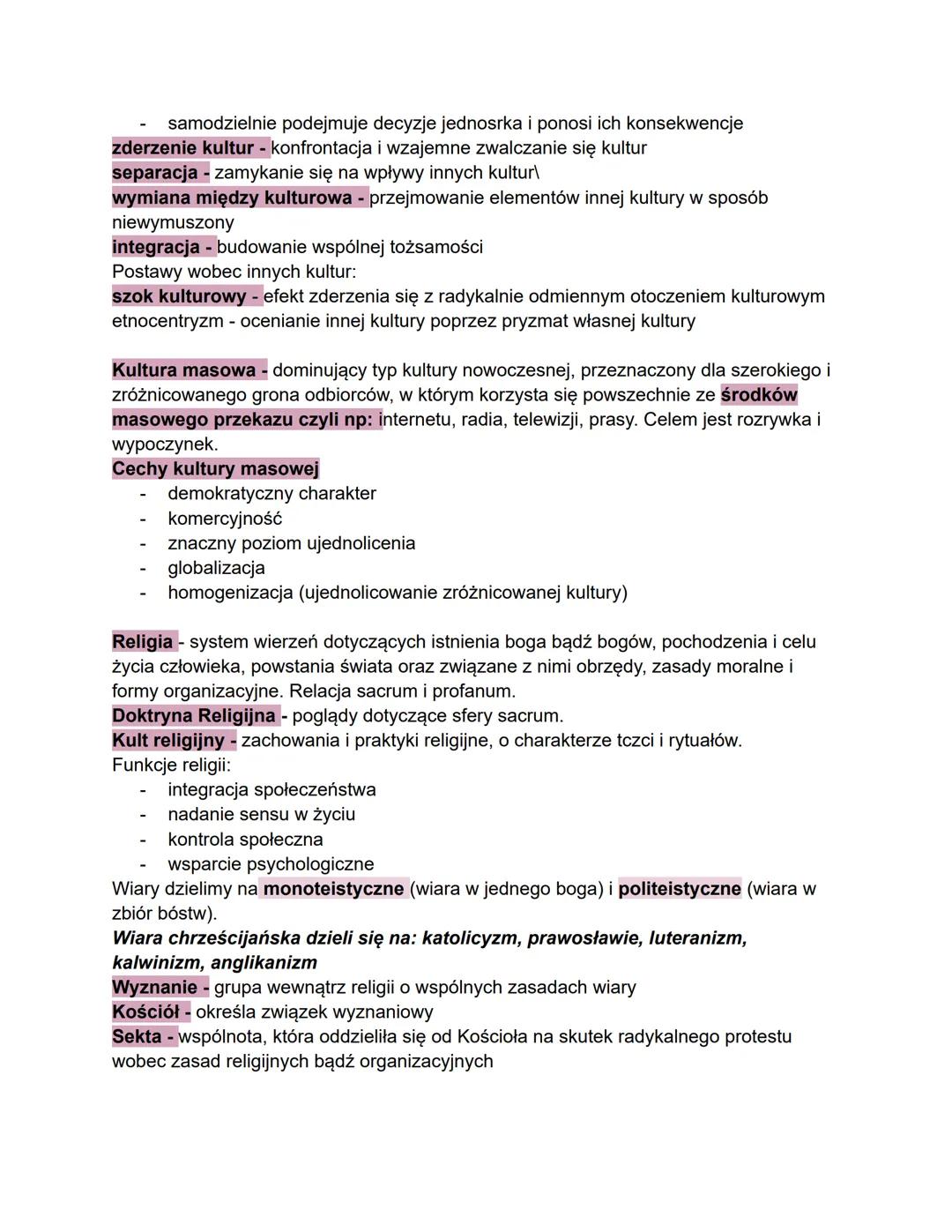 II. KULTUROWA RÓŻNORODNOŚĆ SPOŁECZEŃSTWA: 1/ Rodzaje społeczeństw,
Kultura, 3/Zróżnicowanie kulturowe, 4/ Kultura masowa, 5/ Religia jako zj