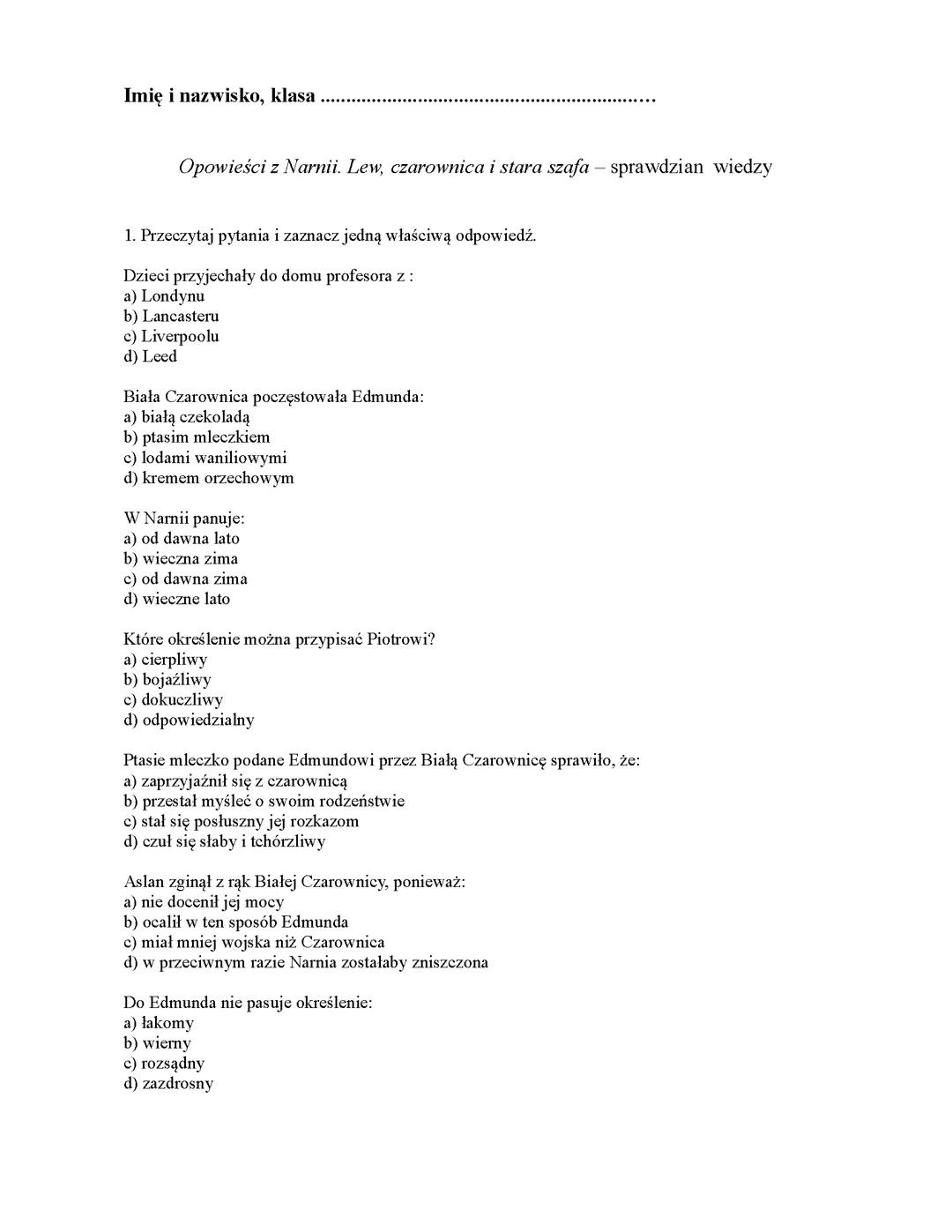 Test z opowieści z Narnii