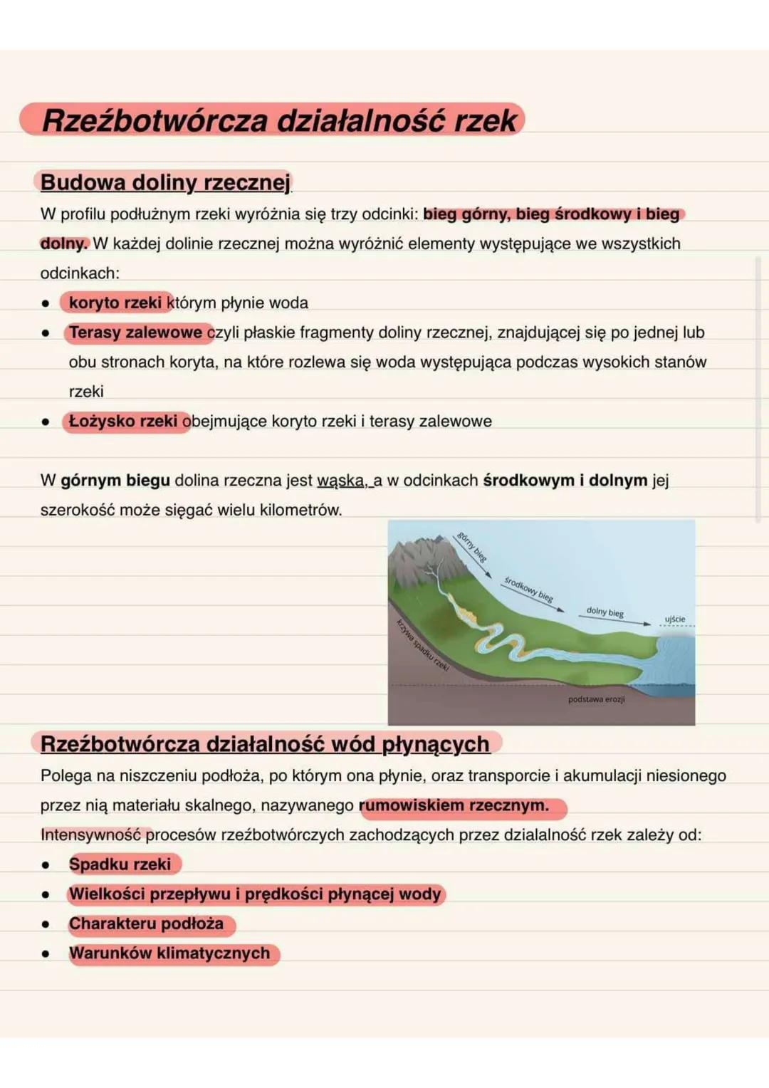 Rzeźbotwórcza działalność rzek
Budowa doliny rzecznej
W profilu podłużnym rzeki wyróżnia się trzy odcinki: bieg górny, bieg środkowy i bieg
