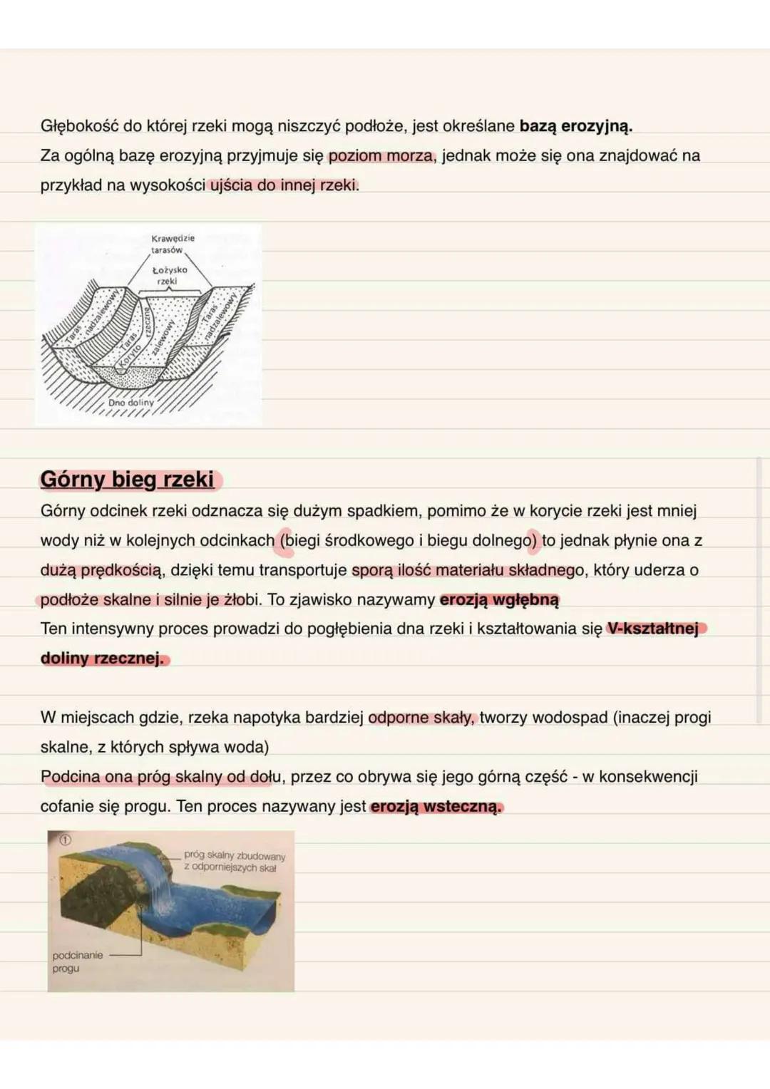 Rzeźbotwórcza działalność rzek
Budowa doliny rzecznej
W profilu podłużnym rzeki wyróżnia się trzy odcinki: bieg górny, bieg środkowy i bieg