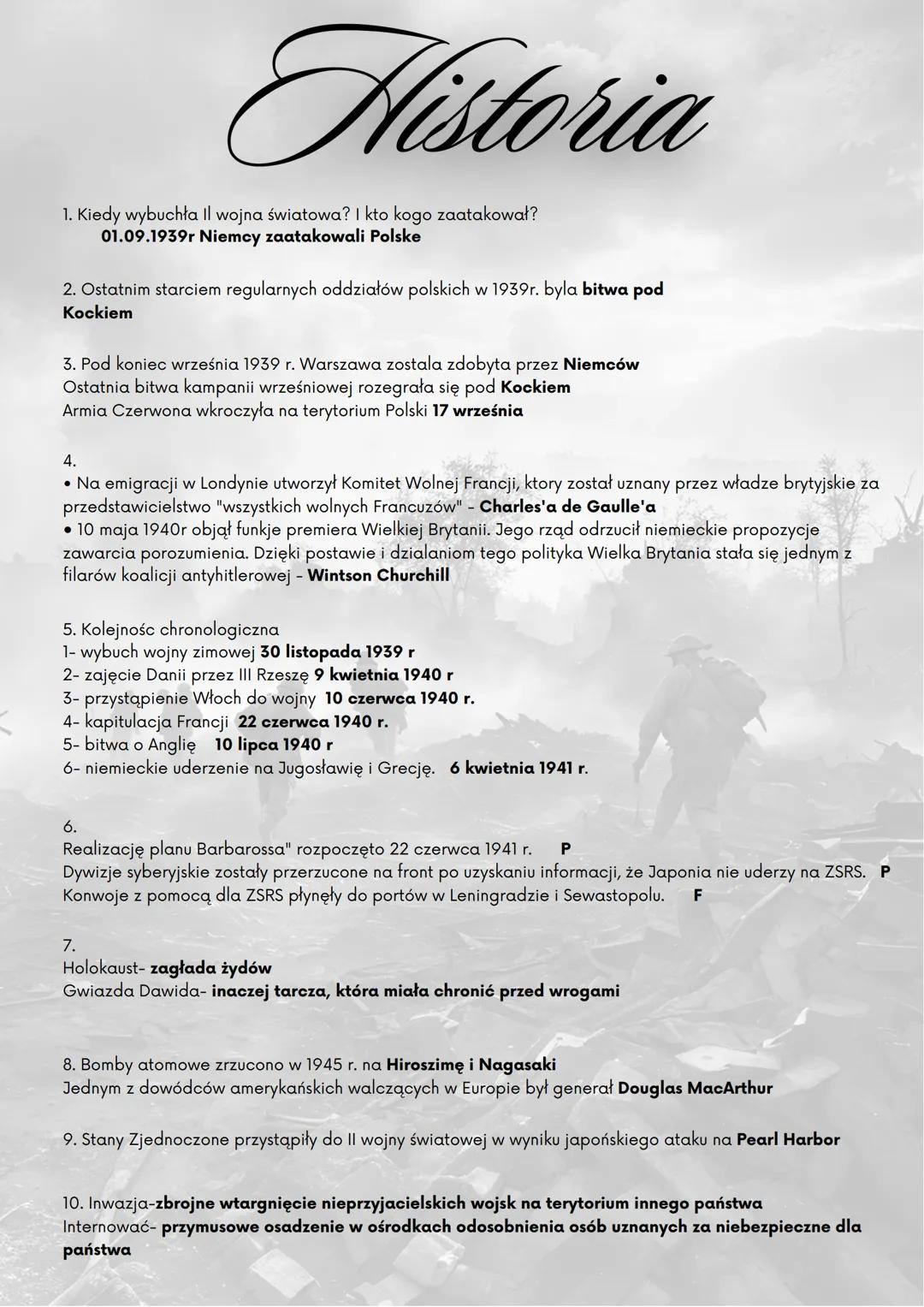 # Historia
1. Kiedy wybuchła II wojna światowa? I kto kogo zaatakował?
01.09.1939r Niemcy zaatakowali Polske
2. Ostatnim starciem regularn