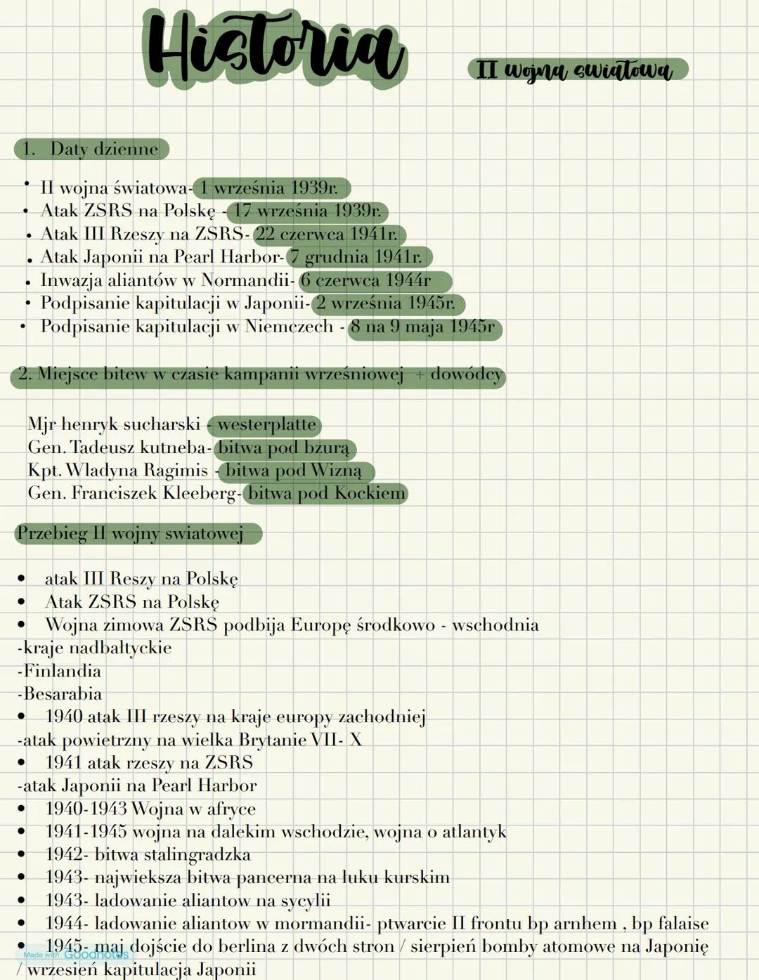 Historia
II wojna swiatowa
1. Daty dzienne
I wojna światowa- 1 września 1939r.
• Atak ZSRS na Polskę - 17 września 1939r.
• Atak III Rzeszy