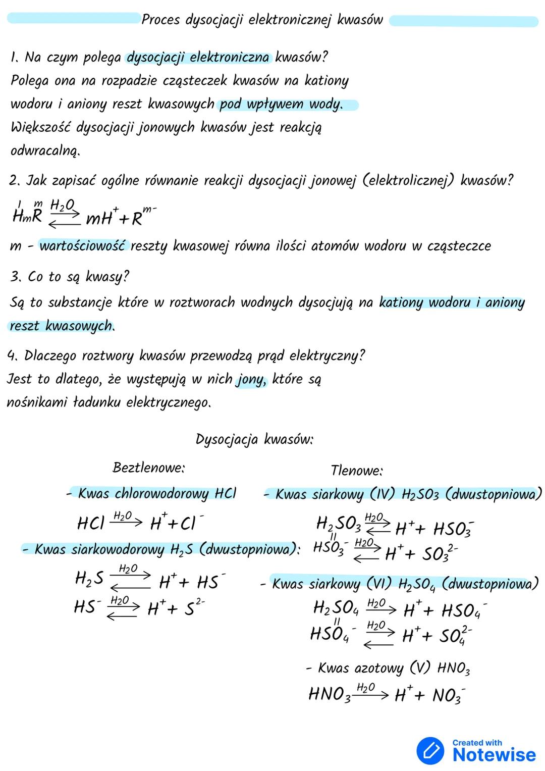 Proces dysocjacji elektronicznej kwasów
1. Na czym polega dysocjacji elektroniczna kwasów?
Polega ona na rozpadzie cząsteczek kwasów na kati