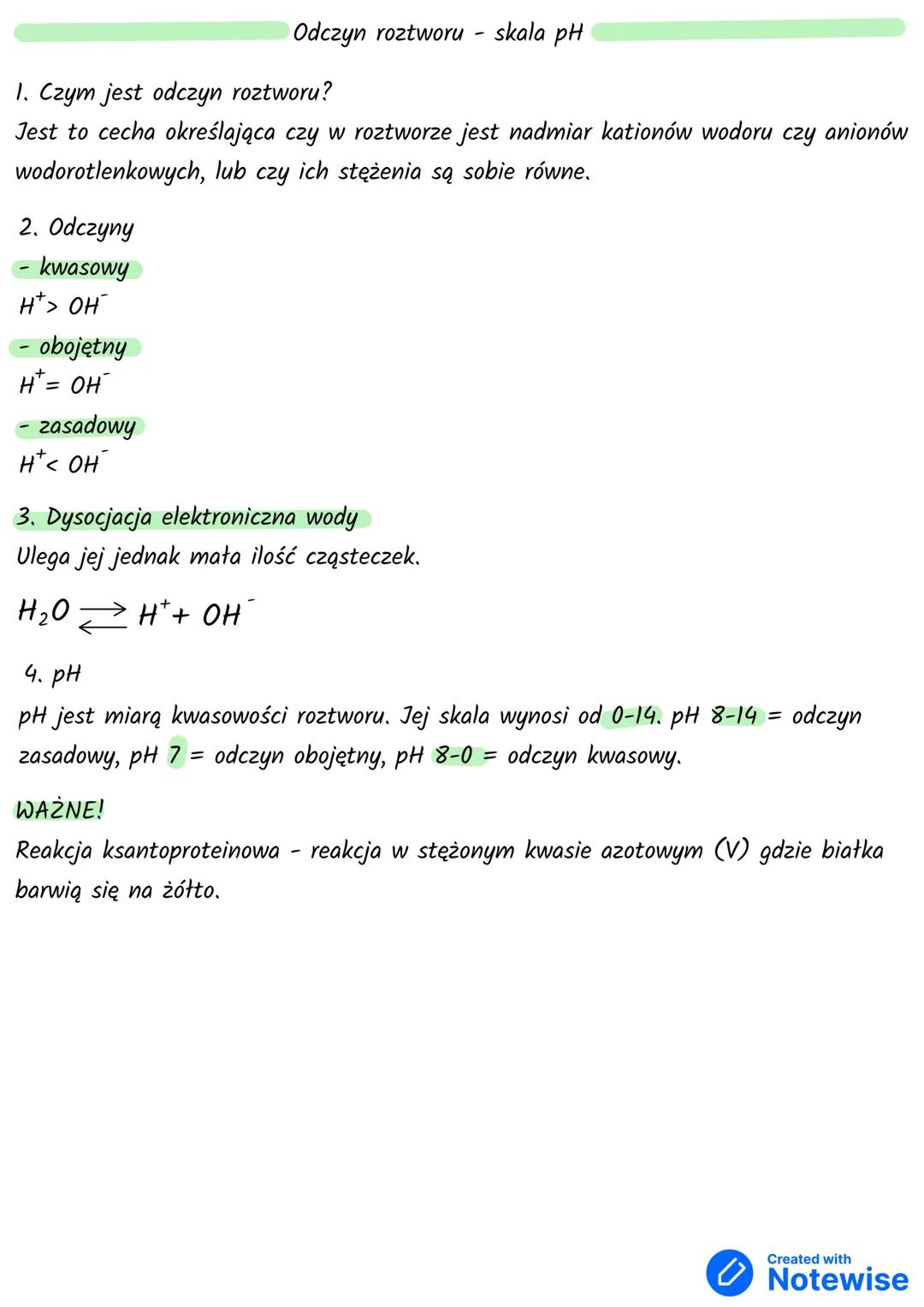 Odczyn roztworu - skala pH
1. Czym jest odczyn roztworu?
Jest to cecha określająca czy w roztworze jest nadmiar kationów wodoru czy anionó