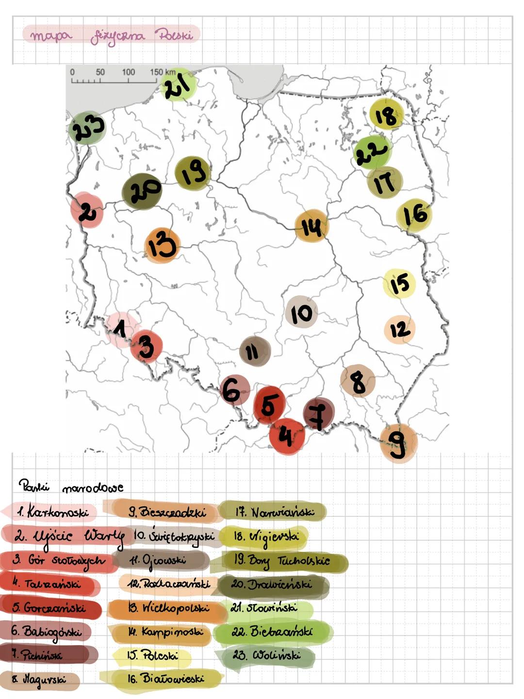 # mapa fizyczna Polski
Parki narodowe
1. Karkonoski 9. Bieszczadzki 17. Narwiański
2. Ujście Warty 10. Świętokrzyski 18. Wigierski
3. Gó