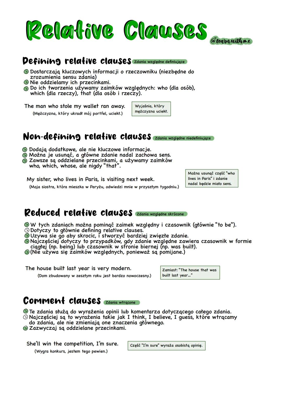 # Relative Clauses
Defining relative clauses zdania względne definiujące
- Dostarczają kluczowych informacji o rzeczowniku (niezbędne do
zr