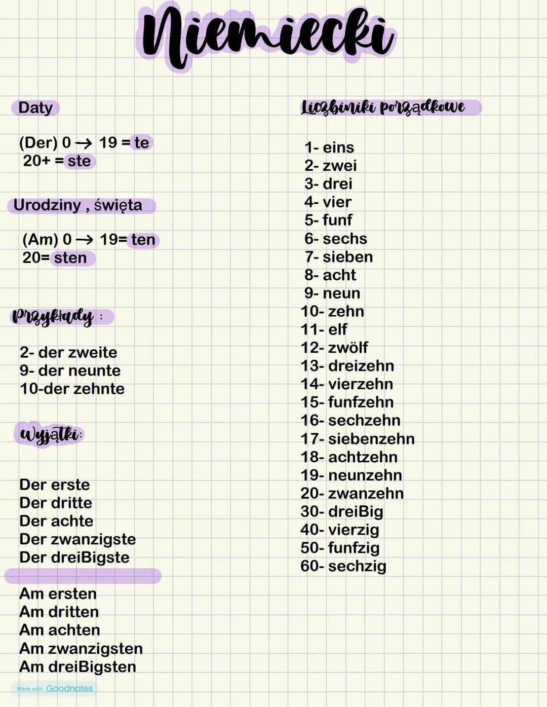 Niemiecki
Daty
(Der) 0 19 = te
20+ = ste
Urodziny, święta
|(Am) 019= ten
20= sten
Przykłady:
Liczbiniki porządkowe
1- eins
2- zwei
3- drei
4