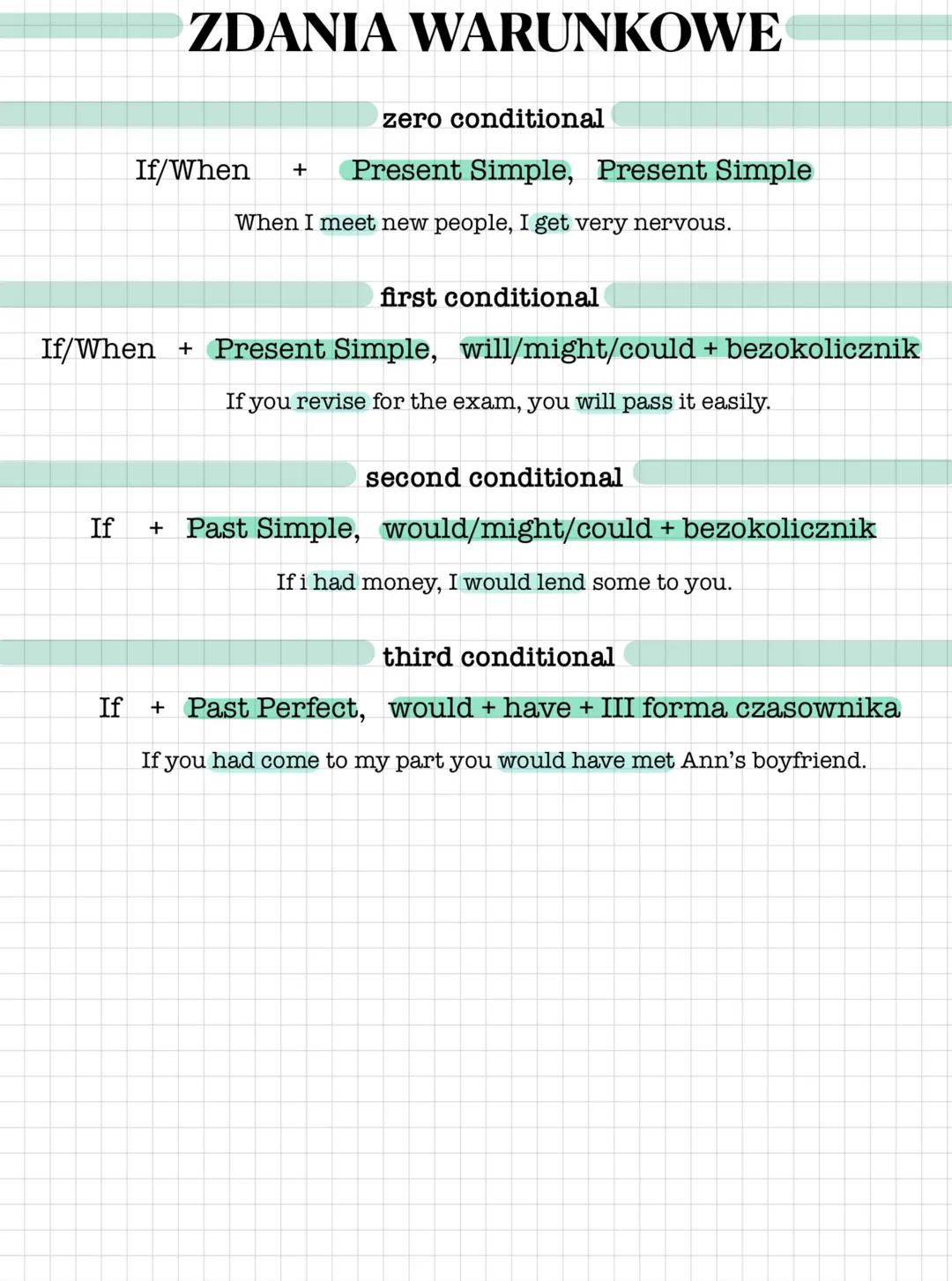 # ZDANIA WARUNKOWE
zero conditional
If/When + Present Simple, Present Simple
When I meet new people, I get very nervous.
first conditional