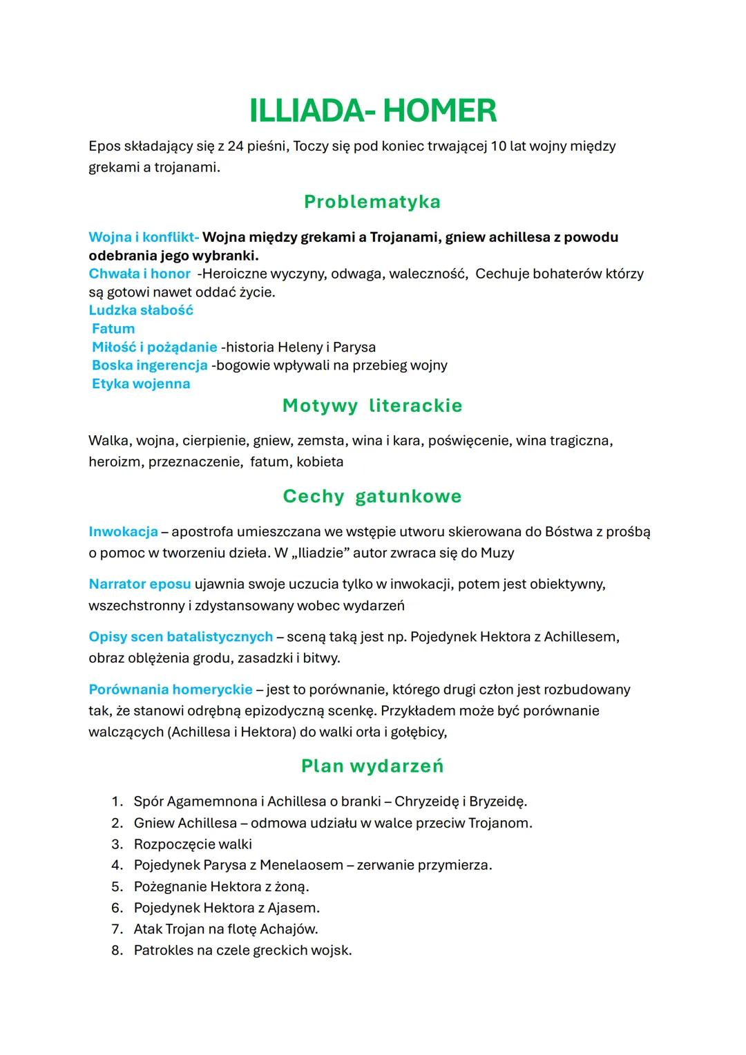ILLIADA-HOMER
Epos składający się z 24 pieśni, Toczy się pod koniec trwającej 10 lat wojny między
grekami a trojanami.
Problematyka
Wojna i