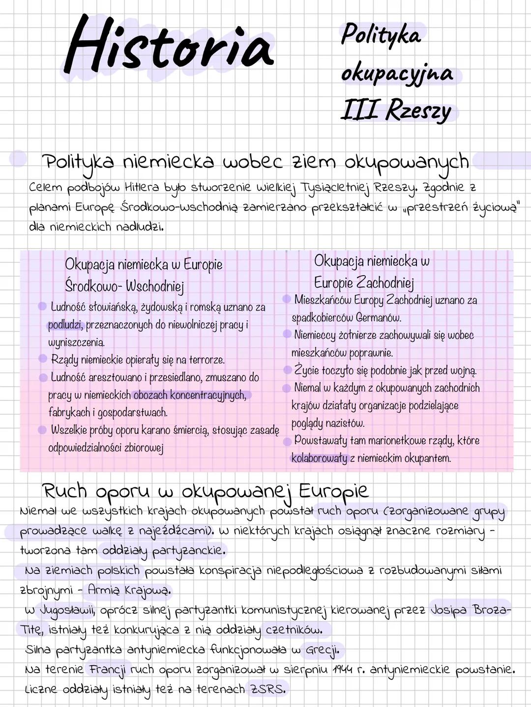 Historia Polityka
okupacyjna
III Rzeszy
Polityka niemiecka wobec ziem okupowanych
Celem podbojów Hitlera było stworzenie wielkiej Tysiącletn