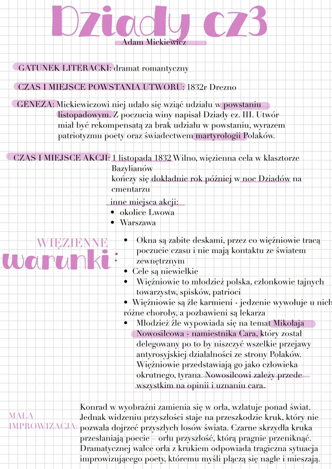 # Dziady cz3
Adam Mickiewicz
GATUNEK LITERACKI: dramat romantyczny
CZAS I MIEJSCE POWSTANIA UTWORU: 1832r Drezno
GENEZA: Mickiewiczowi ni