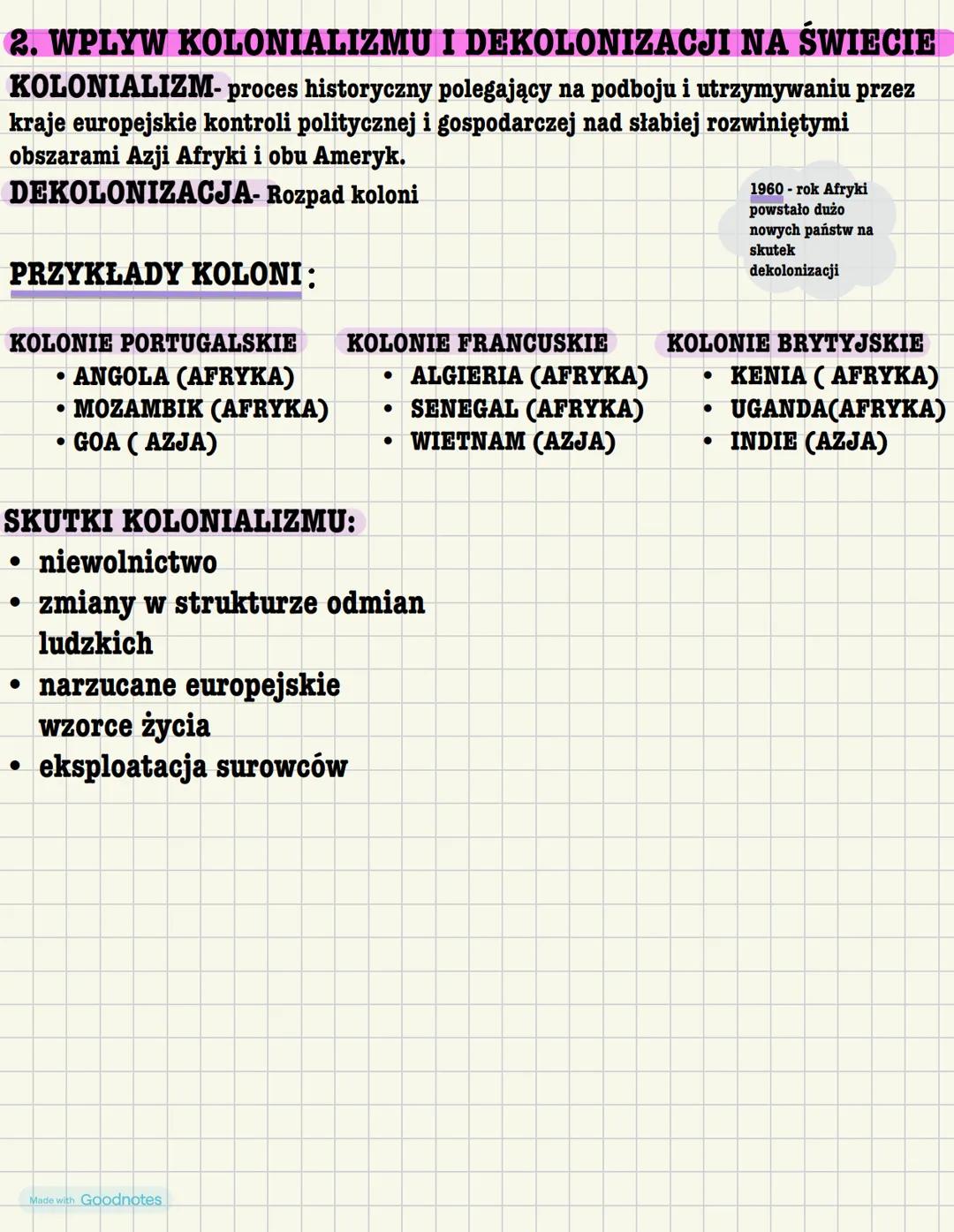 2. WPLYW KOLONIALIZMU I DEKOLONIZACJI NA ŚWIECIE
KOLONIALIZM- proces historyczny polegający na podboju i utrzymywaniu przez
kraje europejsk