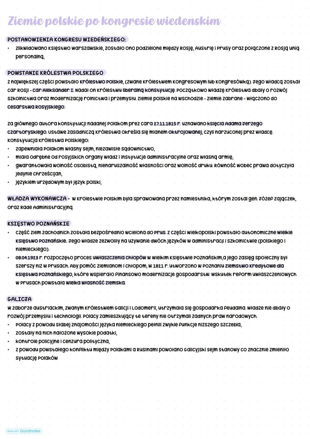 Ziemie polskie po kongresie wiedenskim
POSTANOWIENIA KONGRESU WIEDEŃSKIEGO:
zlikwidowano księstwo warszawskie, zostało ono podzielone między