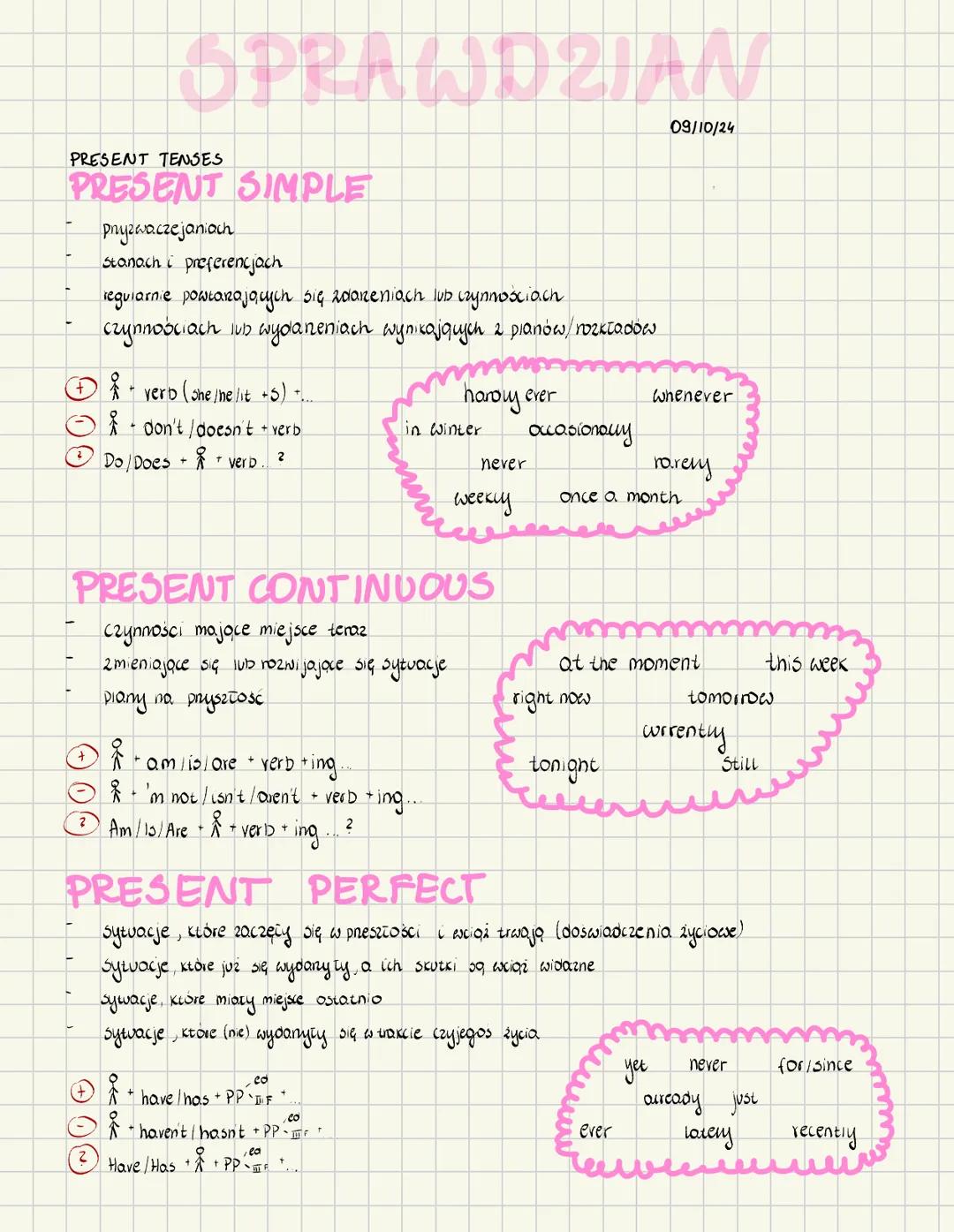 -
SPRAWDZIAN
PRESENT TENSES
PRESENT SIMPLE
przyzwa.czejaniach
Stanach i preferencjach
regularnie powtarzających się zdarzeniach lub czynnośc