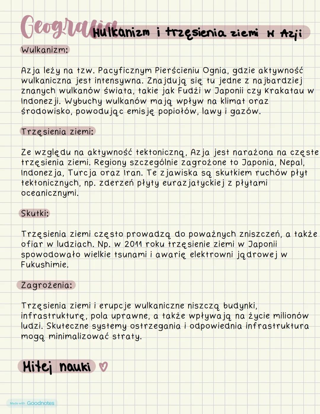Geogra Hulkanizm i trzęsienia ziemi w Azji
Wulkanizm:
Azja leży na tzw. Pacyficznym Pierścieniu Ognia, gdzie aktywność
wulkaniczna jest inte