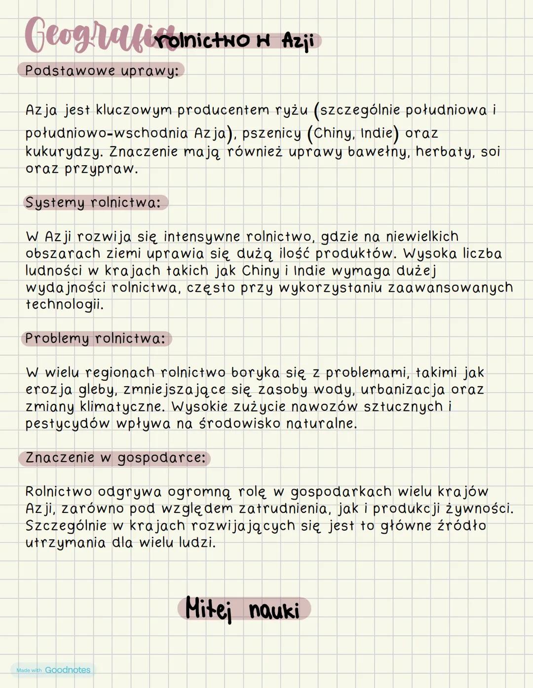 Geografirolnictwo w Azji
Podstawowe uprawy:
Azja jest kluczowym producentem ryżu (szczególnie południowa i
południowo-wschodnia Azja), pszen