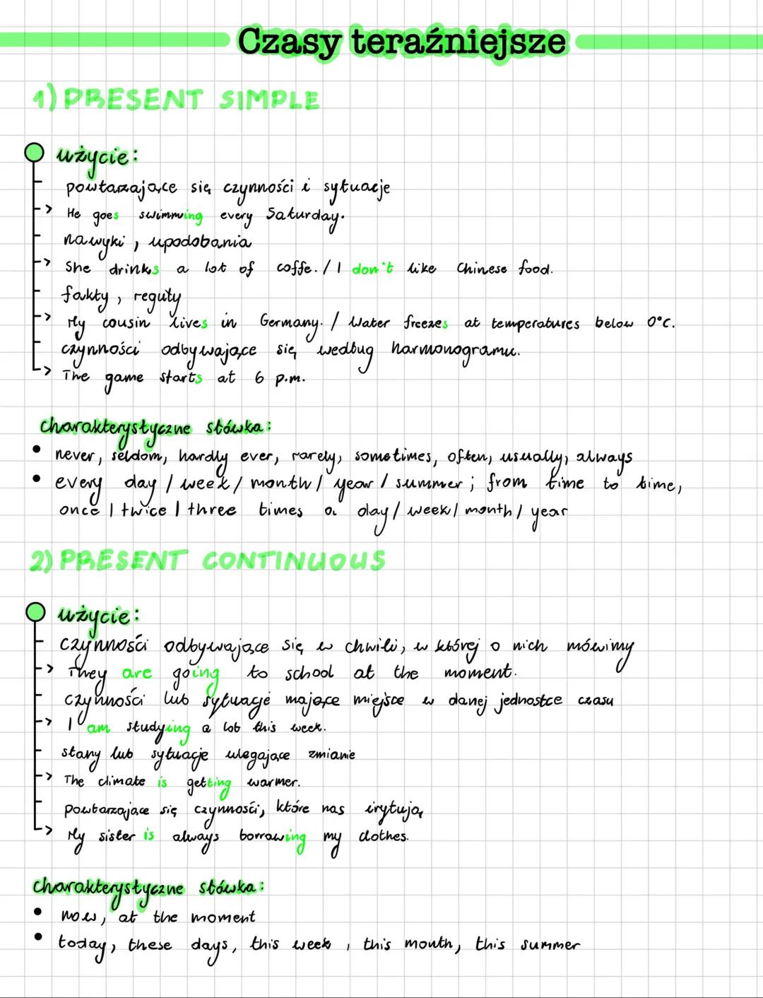 # Czasy teraźniejsze
1) PRESENT SIMPLE
• użycie:
powtarzające się czynności i sytuacje
-> He goes swimming every Saturday.
>
nawyki, upodo