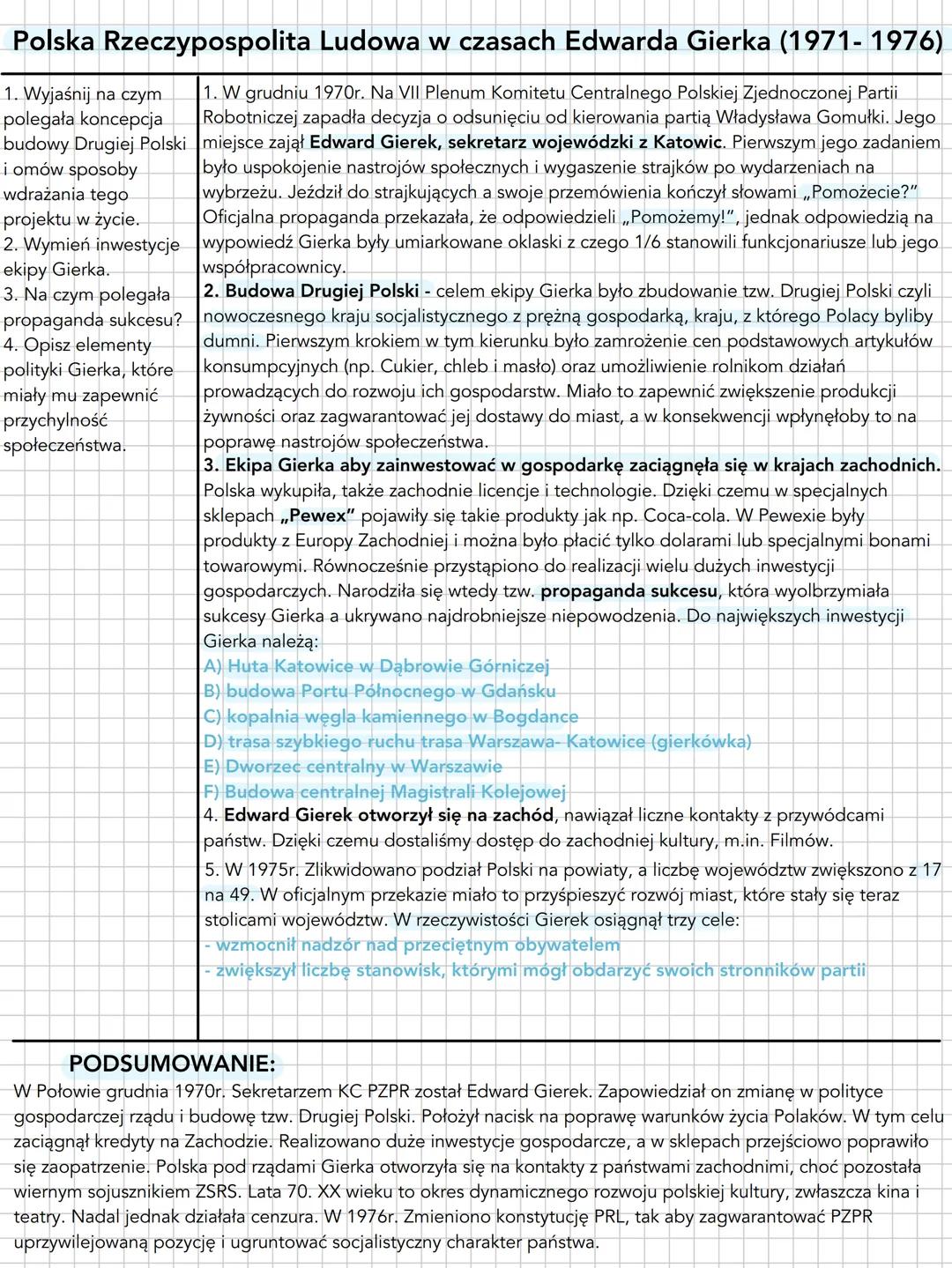 Polska Rzeczypospolita Ludowa w czasach Edwarda Gierka (1971-1976)
1. Wyjaśnij na czym
polegała koncepcja
budowy Drugiej Polski
i omów sposo