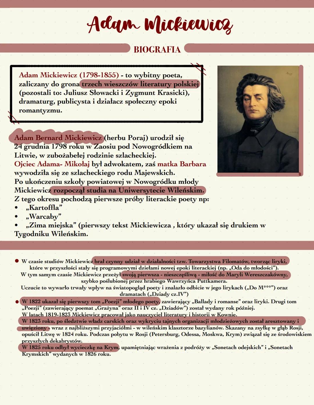 Adam Mickiewicz
BIOGRAFIA
Adam Mickiewicz (1798-1855) - to wybitny poeta,
zaliczany do grona trzech wieszczów literatury polskiej
(pozostali